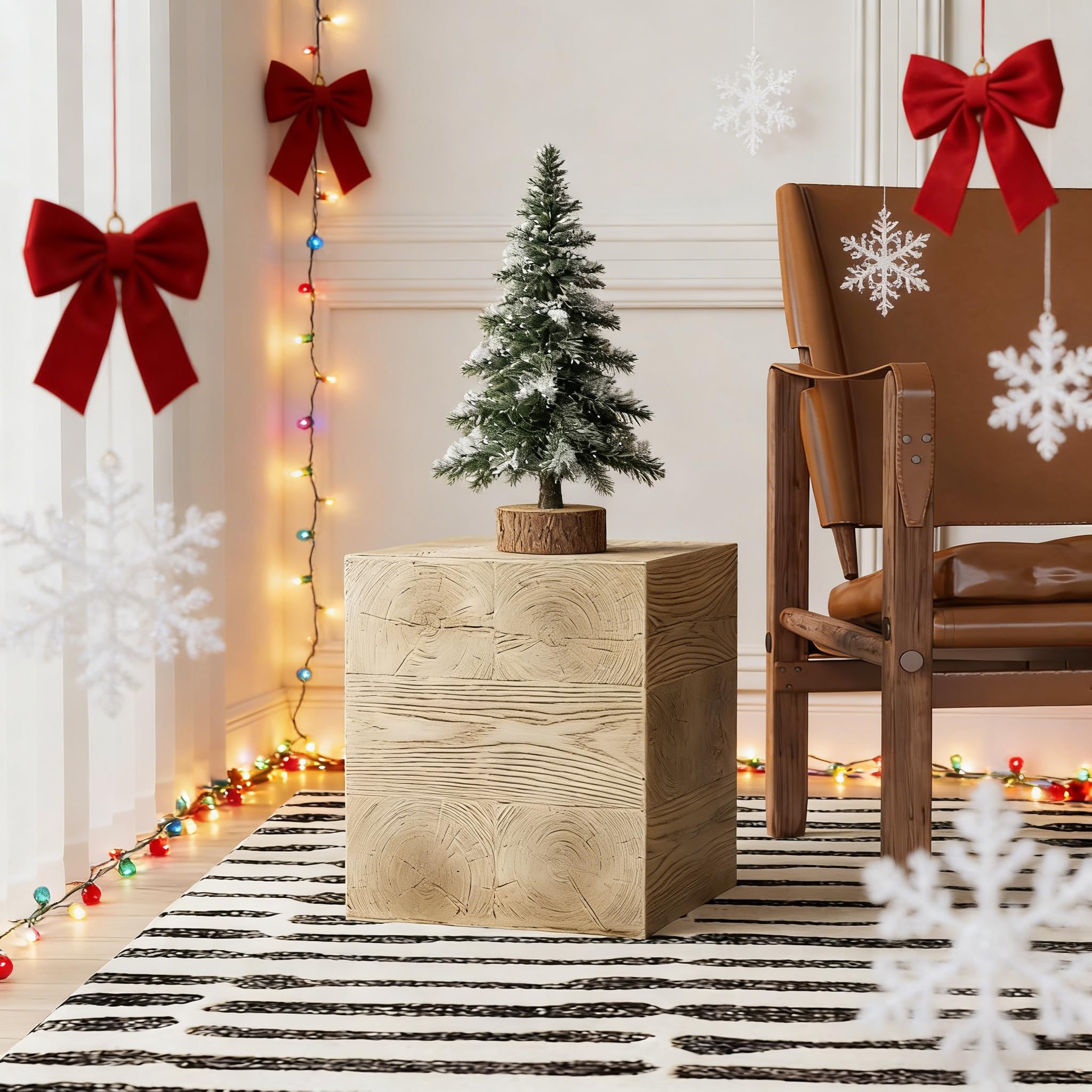 COSIEST Outdoor Side Table Faux Wood Patio End Table, Hand-Painted Wooden Plant Stand, Stool, Ottoman for Deck, Garden, Yard, Indoor