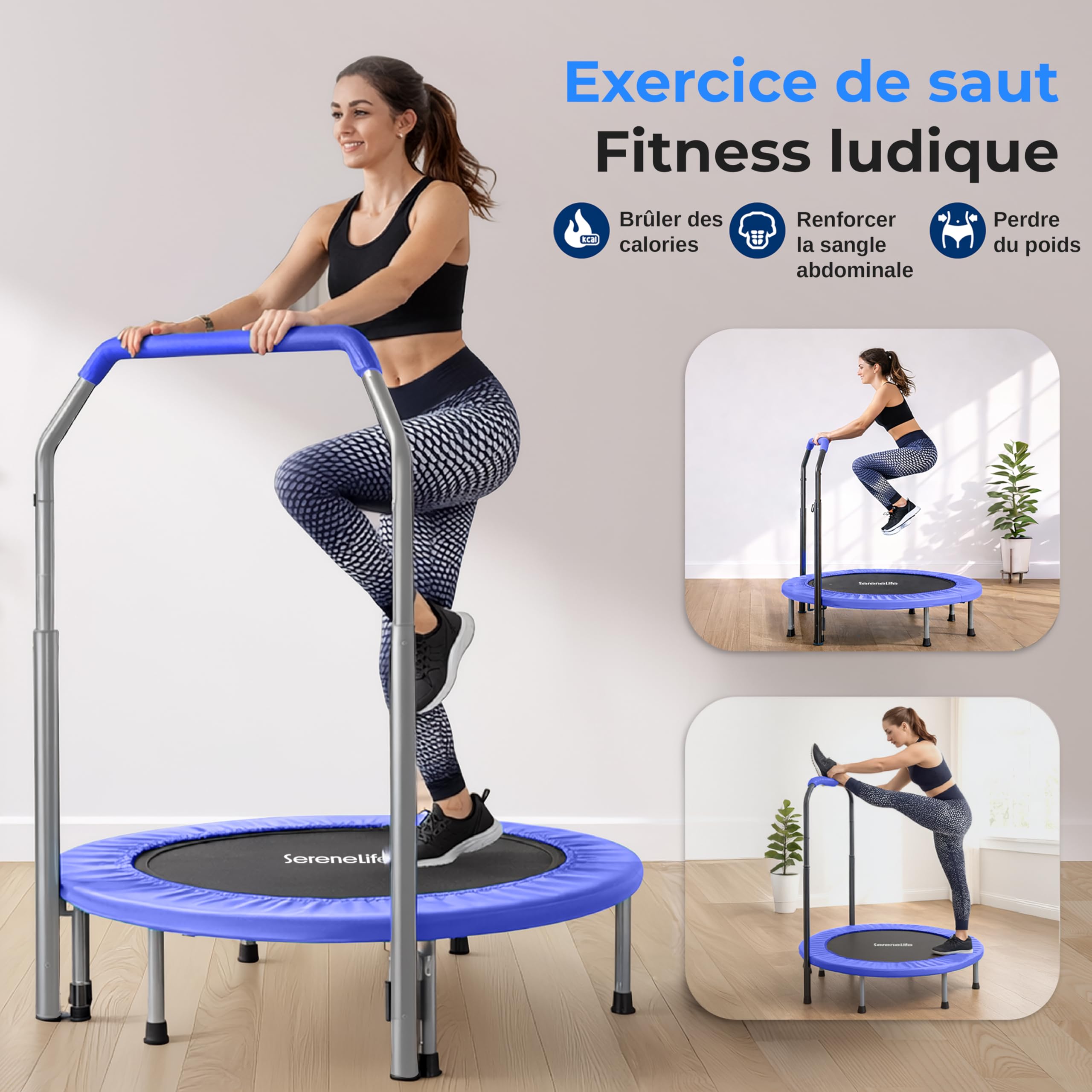 SereneLife Trampoline Pliable 102 cm – Mini Trampoline de Fitness Compact pour Enfants et Adultes, Rebondisseur d’Exercice, Équipement d’Entraînement Intérieur/Jardin, Design sans Ressort, Max. 90 kg