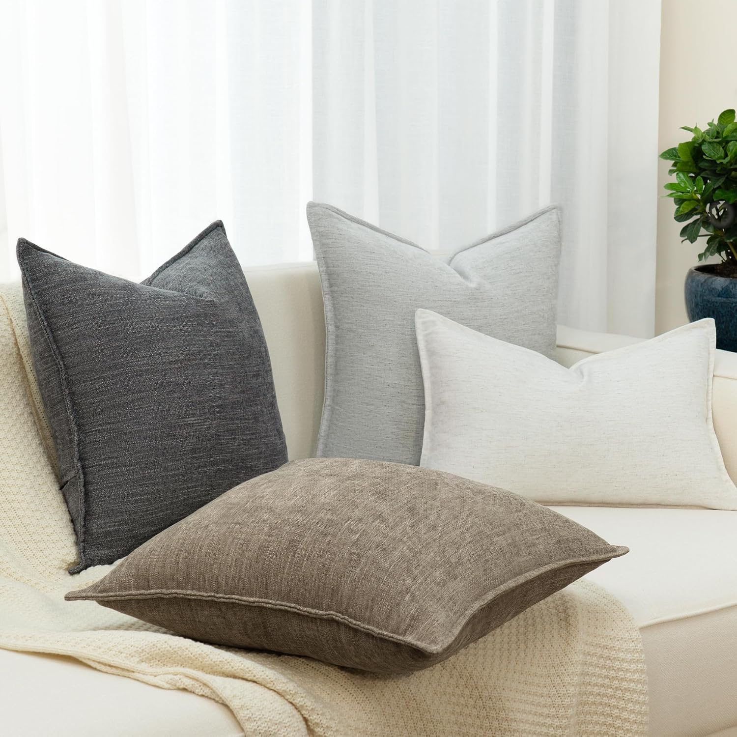 Chenille Linen Throw Pillow Covers 24x24 Set of 2, Thick Textured Boho Pillow Covers, Farmhouse Decorative Pillow Covers, Neutral Vintage Accent Covers for Couch Sofa Bed, Grayish Black
