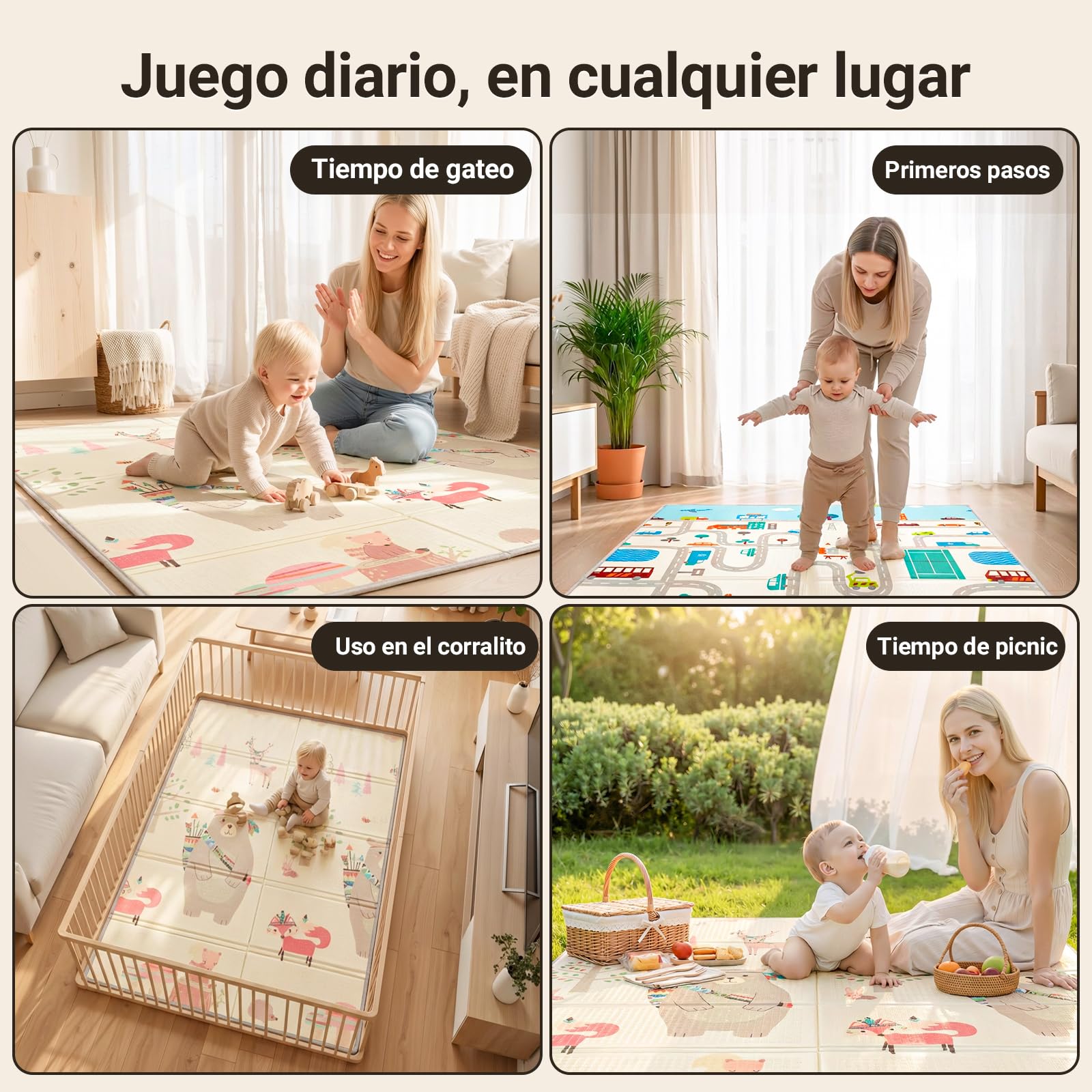 COSYLAND Alfombra Bebé Acolchada Plegable XPE Reversible, Tapete de Juegos Infantil Antideslizante e Impermeable para Suelo, Colchoneta Bebé, Oso Gordito y Ciudad de Coches, 120 x 180 x 1 cm
