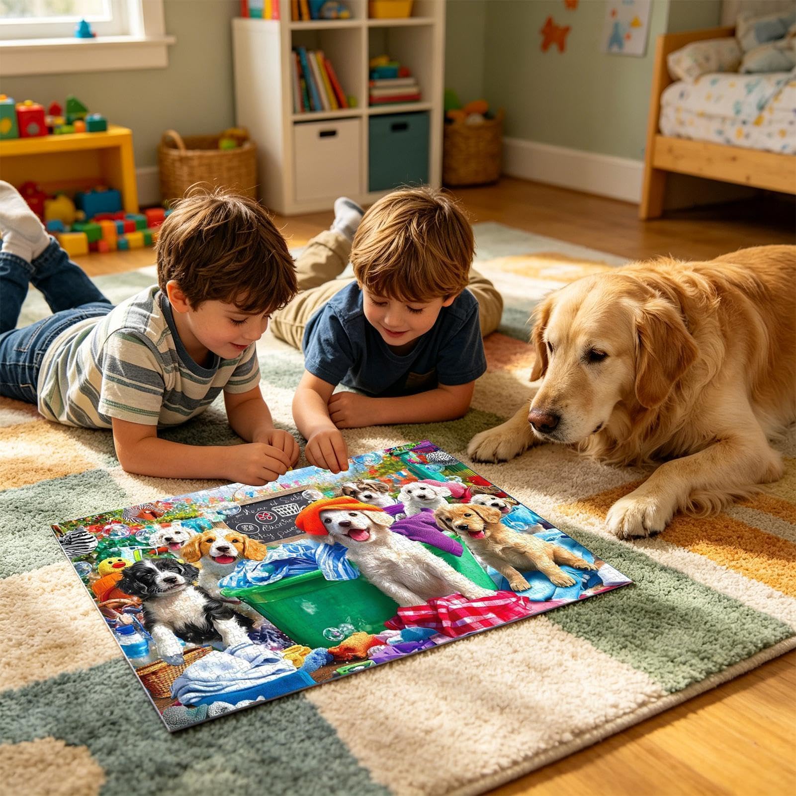 Puzzle per Adulti con Soggetto Canino Sfidante a Tema di Lavanderia con | Puzzle da Mille Pezzi Incastrabili con Lettere sul Retro per Uomini e Donne Senior della Famiglia