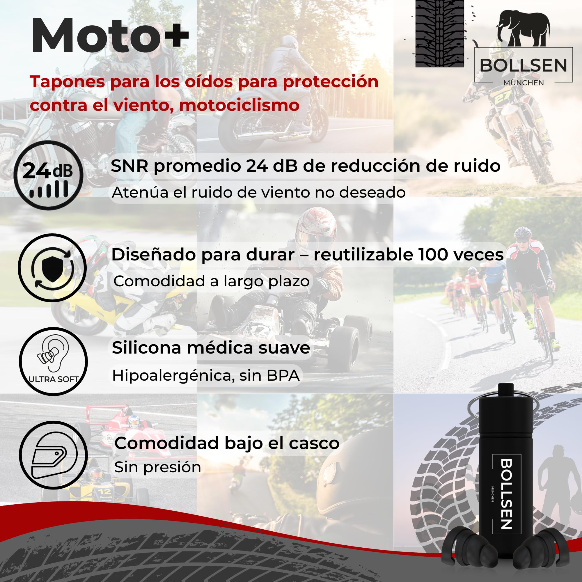 BOLLSEN Tapones para Moto – Tapones Reutilizables para Motoristas – Reducción del Ruido del Viento con 24 dB SNR – Se Ajustan Bajo el Casco – Lavables, Duraderos y Cómodos para el Uso Diario (3)