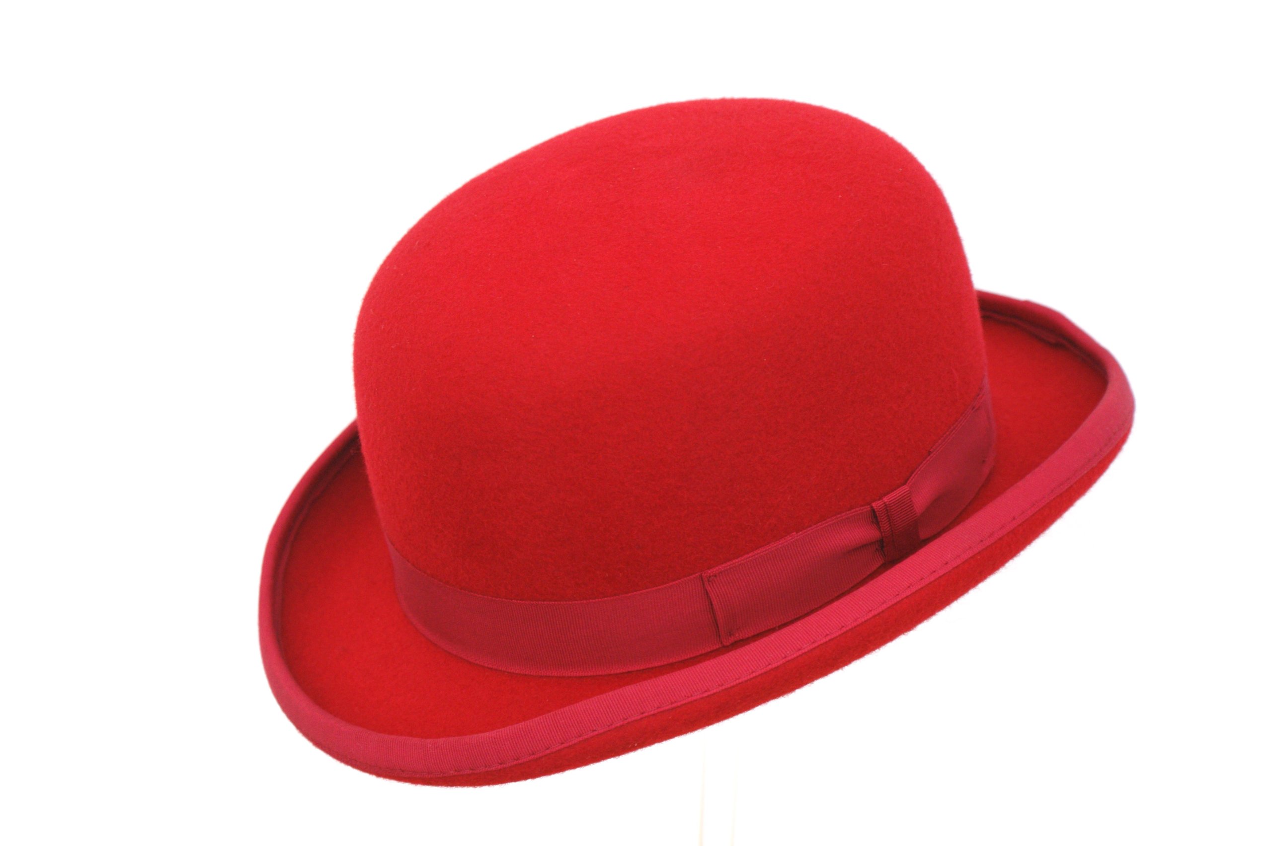 Dh Men's Red Wool Bowler Hat Hard Top Round Felt Hat With Satin Lining