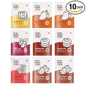Overnight Oats 20/15gms High Protein| Refined Sugar Free| No Preservative|With Whey Protein, Mocha, Banana, Mixed Berries, Mango, Chocolate Chip, Cookies Cremè and Cinnamon Flavours (Assorted,Pack of 10) - image, photos