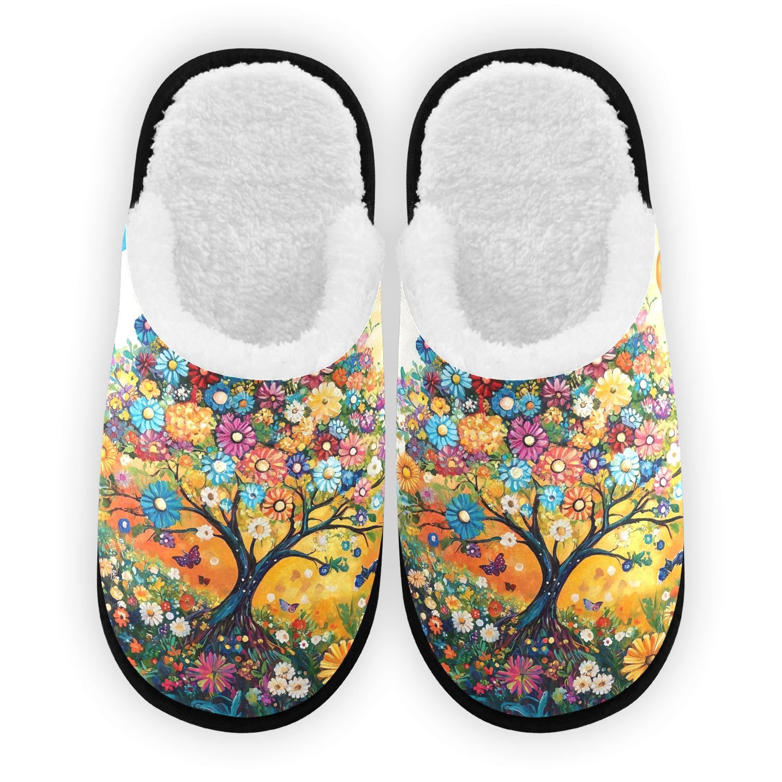 SPRIPORT Sunflowers Tree Yellow Soft Fabric Spa Slippers for Women Men Washable Reusable Guest House Slippers with Non Slip Soles Hotel Slippers for Indoor Bedroom Party Hotel Travel M