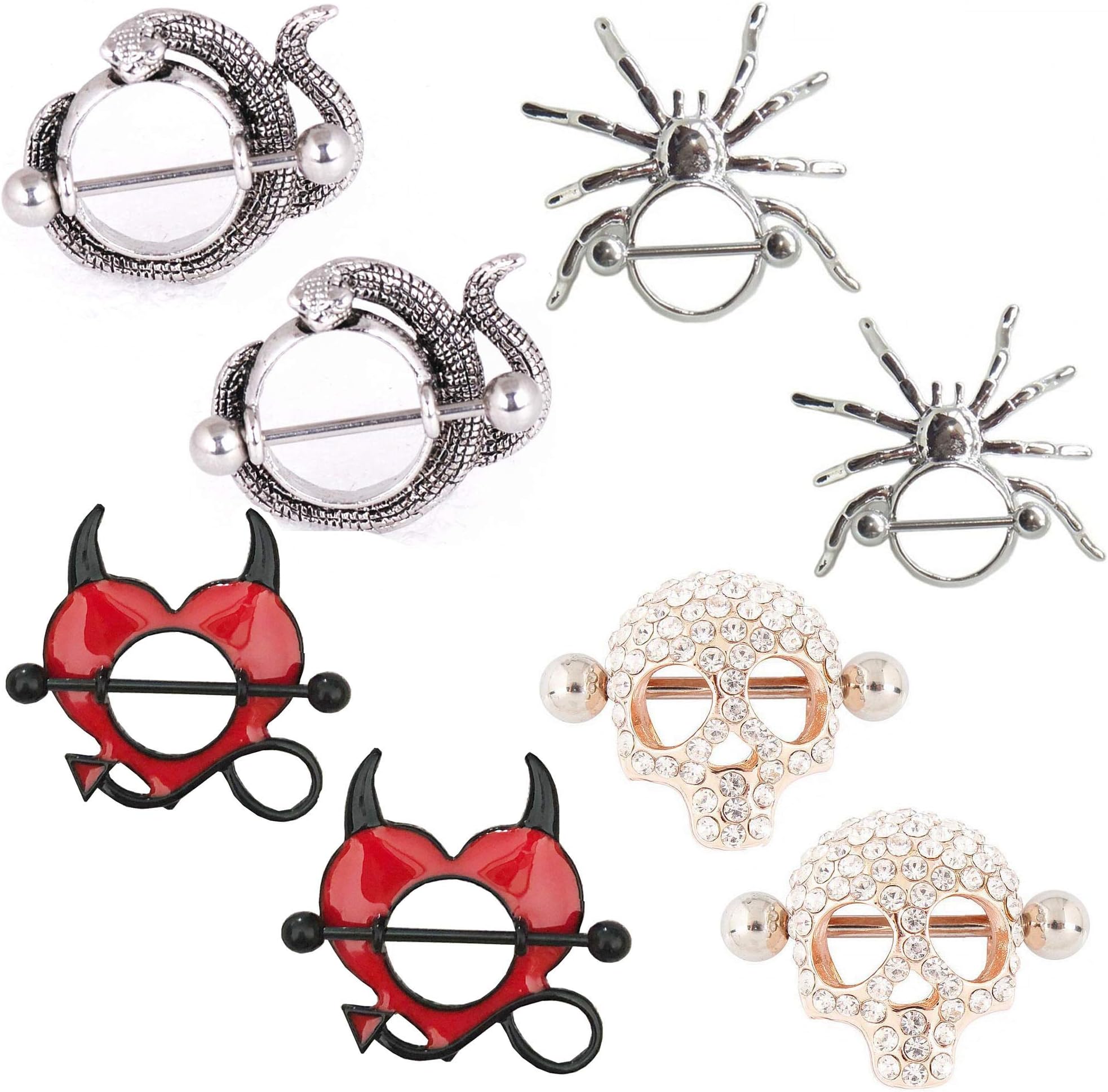 IrbingNiiNipple Rings Surgical Steel 14G Nipple Piercings For Women Nipple Bars Jewelry Red Heart with Arrow,Skull,Spider,Snake 4 pairs