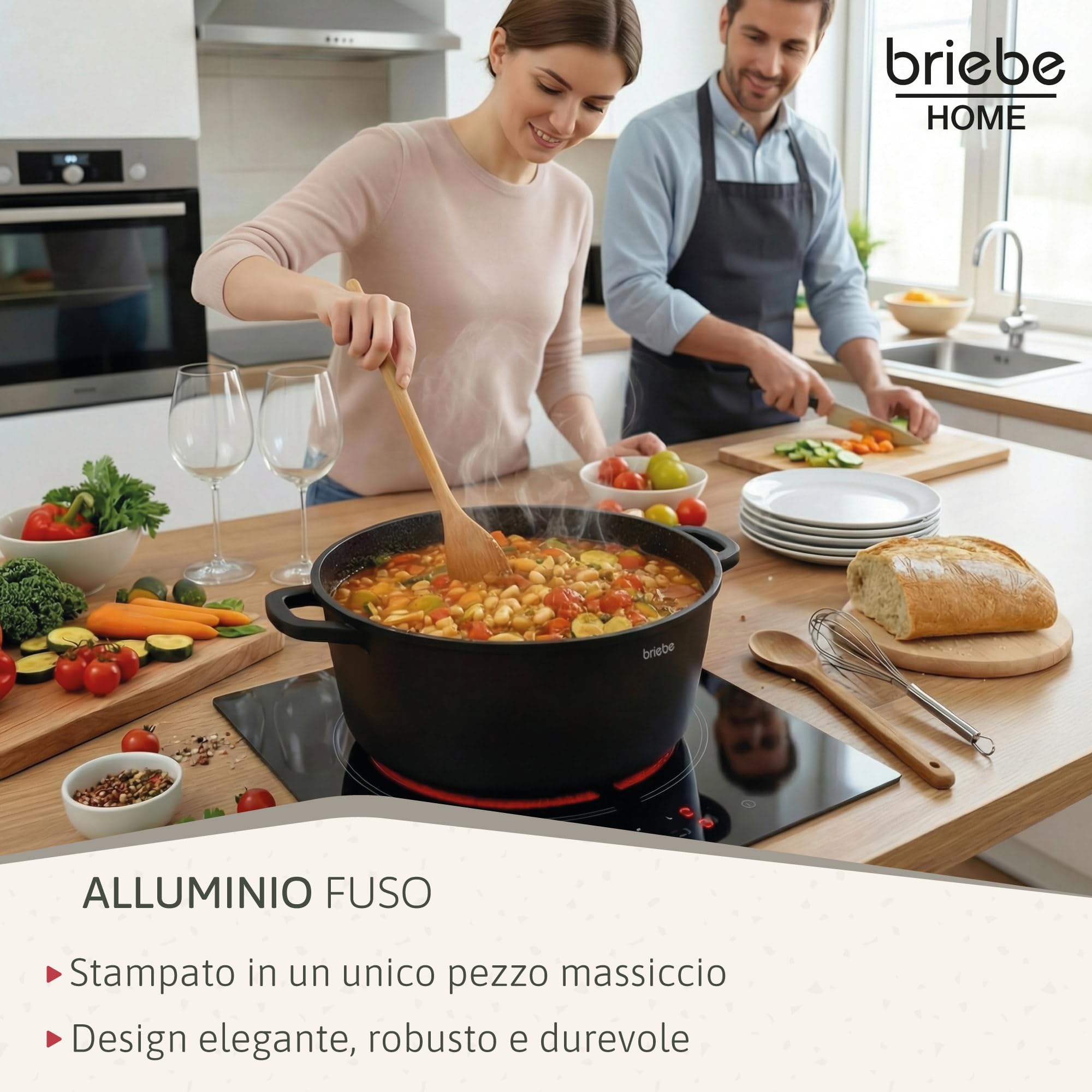 briebe Black Titanium Pentola Induzione Antiaderente Titanio, Casseruola 28cm, Alluminio Fuso, Rivestimento senza PFOA, Coperchio Vetro, Maniglie in Silicone, Vetroceramica, Gas, Forno