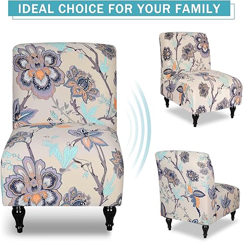 Miniatura 5 de Funda para silla sin brazos, elástica de elastano a cuadros pequeños, antideslizante para sofá, protector de muebles (flor beige, 1)