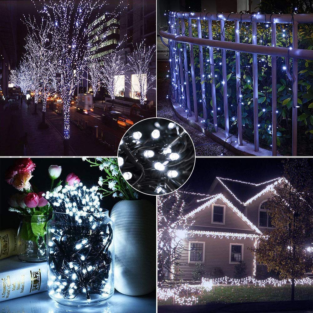 BrizLabs Luci Natalizie Esterno 10M 100 LED Luci Stringa a Batteria 8 Modalità Impermeabile Cavo Verde Catena Luminosa Decorazioni Natalizie per Giardino, Albero di Natale, Matrimonio, Bianco Freddo