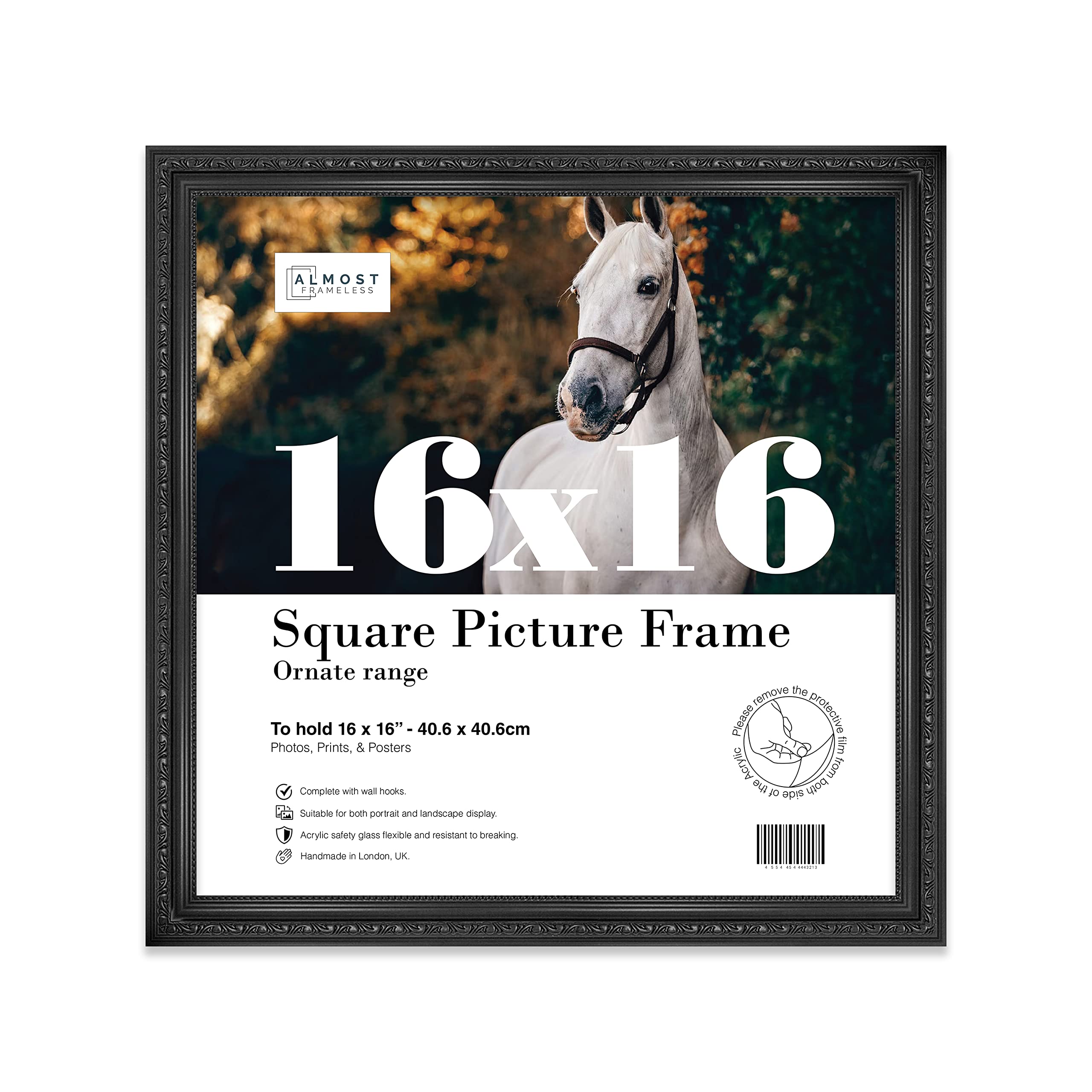 Almost Frameless 16x16 Black Ornate Picture Frame 16"x16"(40.6x40.6cm) Poster, Photo, Artwork, or Print. Shabby Chic Style Portrait and Landscape Display with Wall Hooks