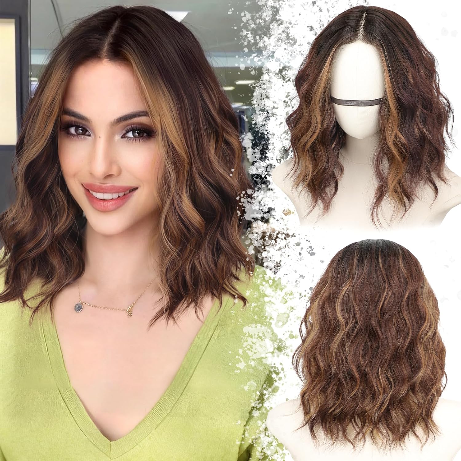 Dark Brown with Highlights Short Wavy Bob Glueless Synthetic Lace Front Wig for Women Pre Cut for Beginners Natural Hairline 14 Inch Dark Brown with Highlights Short Wavy Bob Glueless Synthetic Lace Front Wig for Women Pre Cut for Beginners Natural Hairline 14 Inch