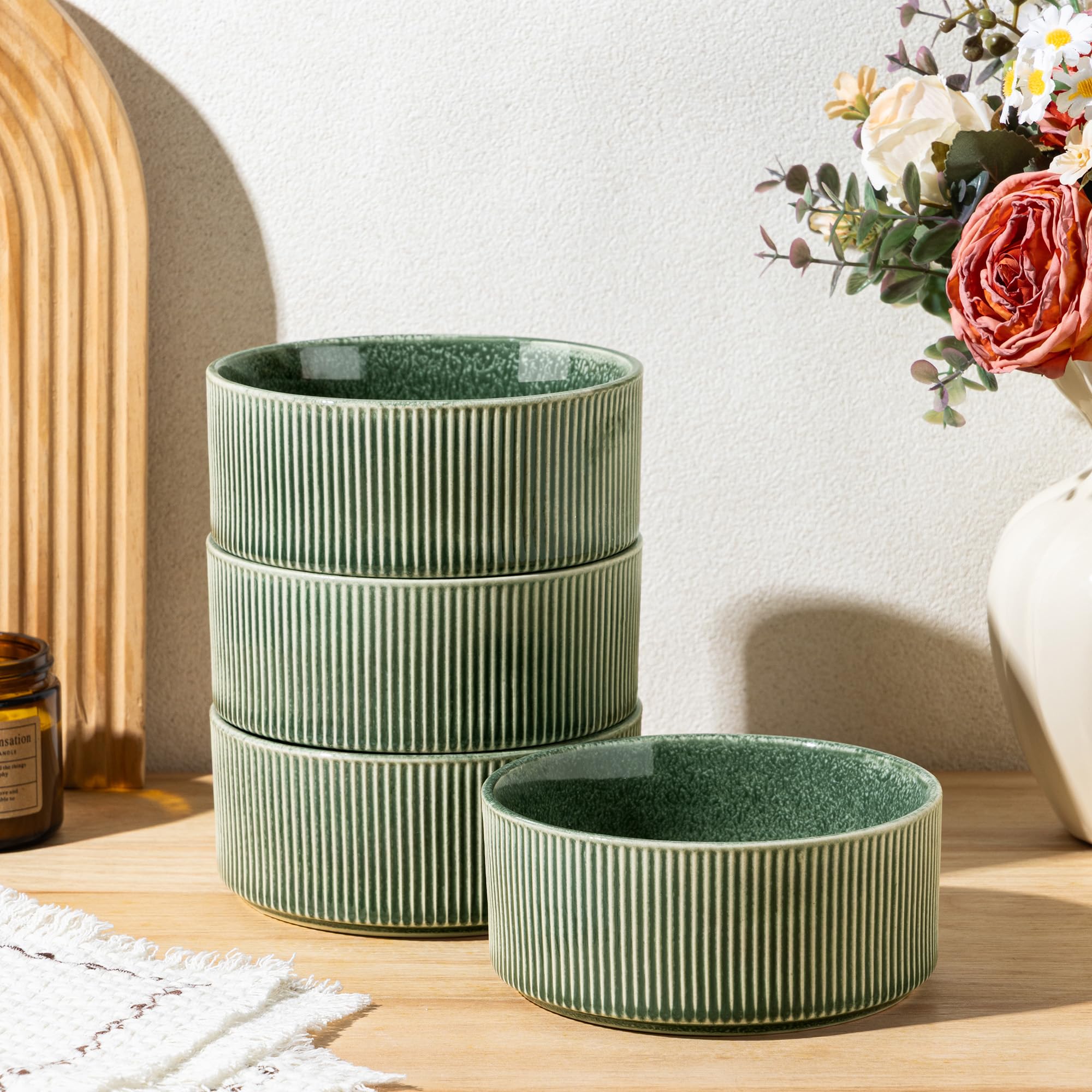 GBhome Stoneware Cereal Bowls Set of 4, Handmade Ceramic Bowls Set for Cereal Soup Salad, Stylish Kitchen Bowls for Meal, Dishwasher & Microwave Safe, Reactive Glaze-Evergreen