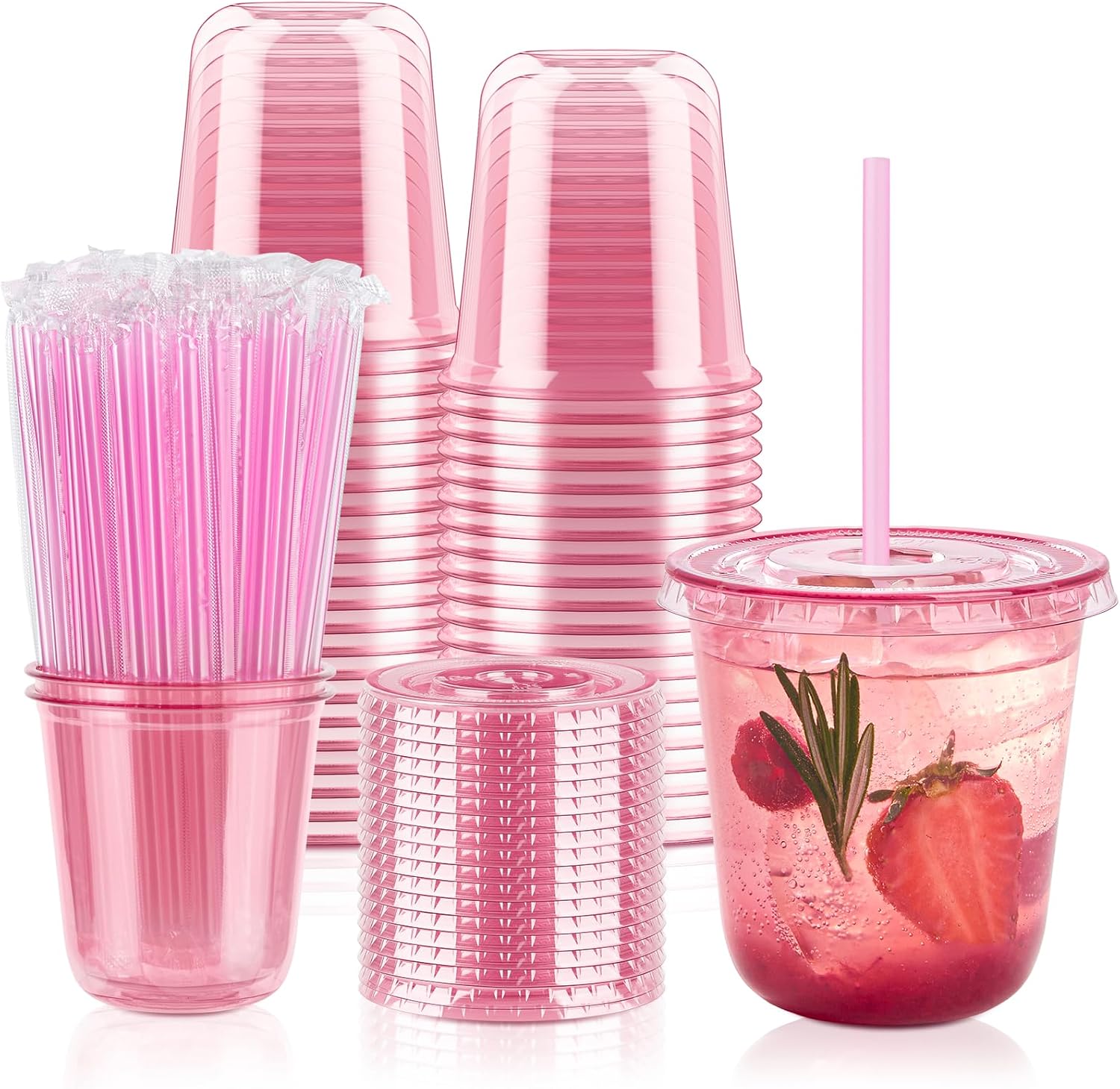Soelomu 12 oz Pink Plastic Cups with Lids and Straws, 50 PCS Disposable Iced Coffee Cups, Round Bottom To Go Cup for Smoothie, Juice, Milkshakes and Cold Drinks