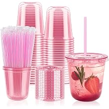 Soelomu 50 Pack 12 oz Pink Plastic Cups with Lids and Straws | Round Bottom, Disposable Cute Iced Coffee Cups, To Go Party Cup, for Smoothie, Juice, Milkshakes and Cold Drinks