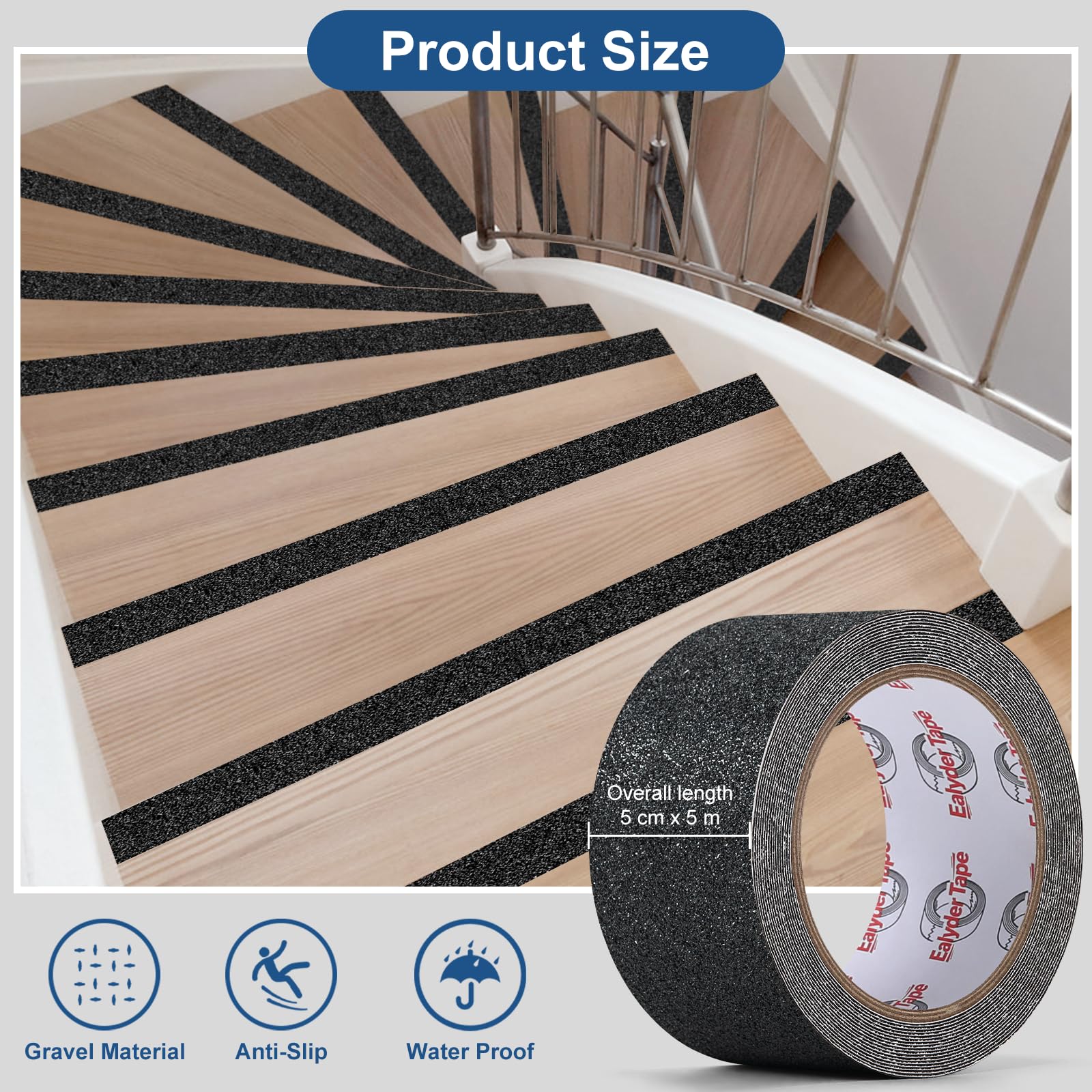 Nastro Antiscivolo 5 cm x 5 m – Nastro Adesivo Forte per Gradini, Scale e Pavimenti Interni/Esterni