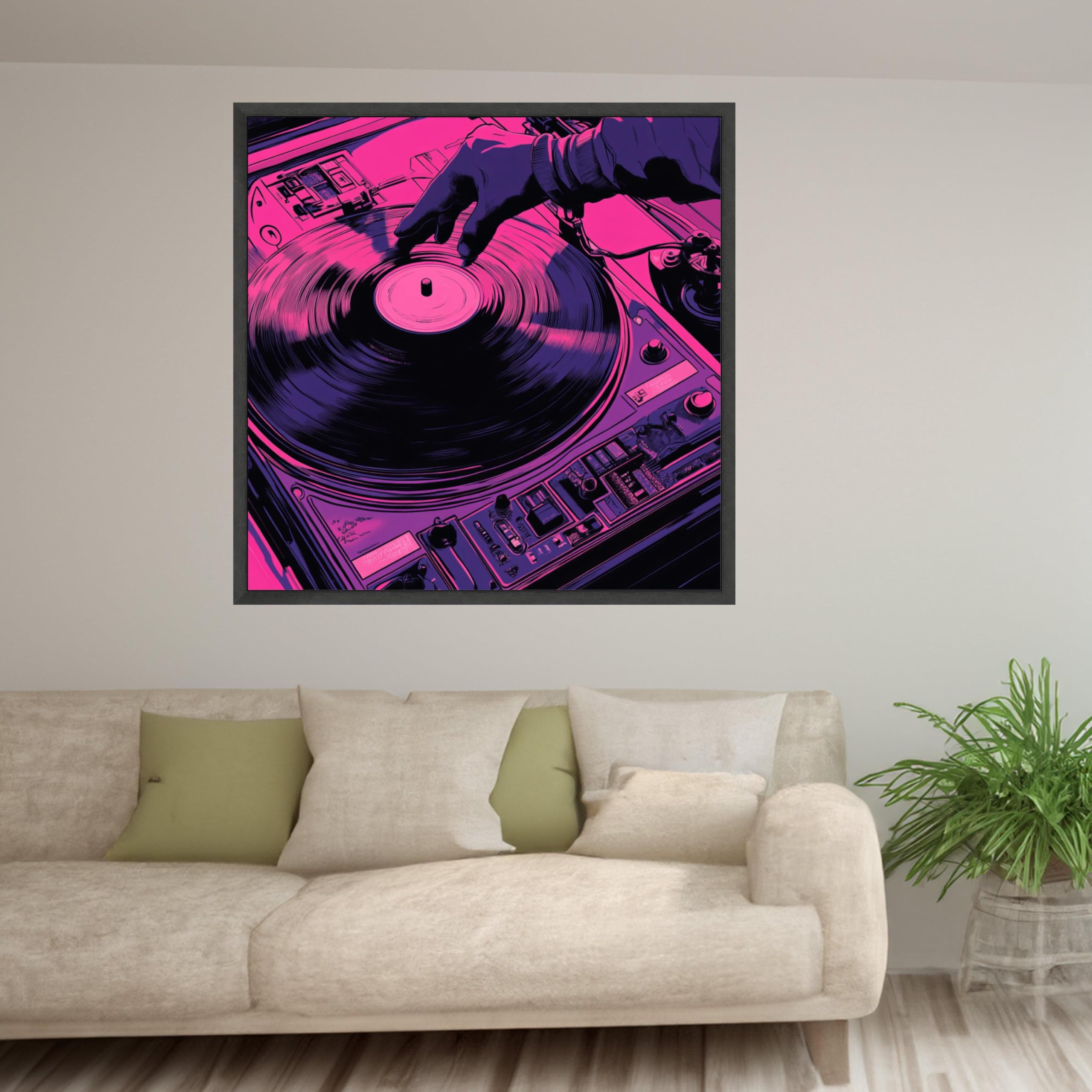 LMYCHENG Retro DJ płyta winylowa gramofon płótno, neonowa muzyka sztuka ścienna, dekoracja vintage, różowy i fioletowy obraz dźwiękowy, nowoczesny (55 x 55 cm / rama wewnętrzna)