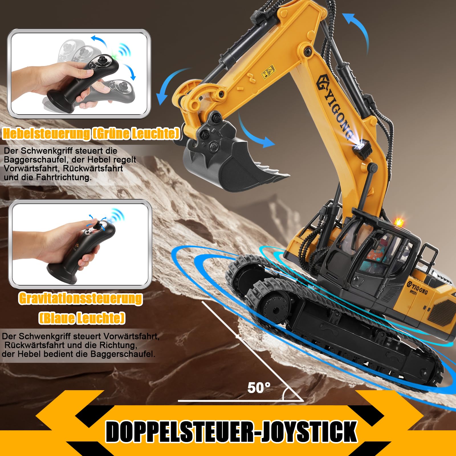 Ferngesteuertes Bagger Spielzeug für Kinder ab 4 5 6 7 8 9 Jahre, 2,4 GHz Schwerkraft Gesteuerte Bagger Ferngesteuert mit Licht und Sound, 11 CH RC Spielzeugautos Geschenk für Junge 5-12 Jahre Alt