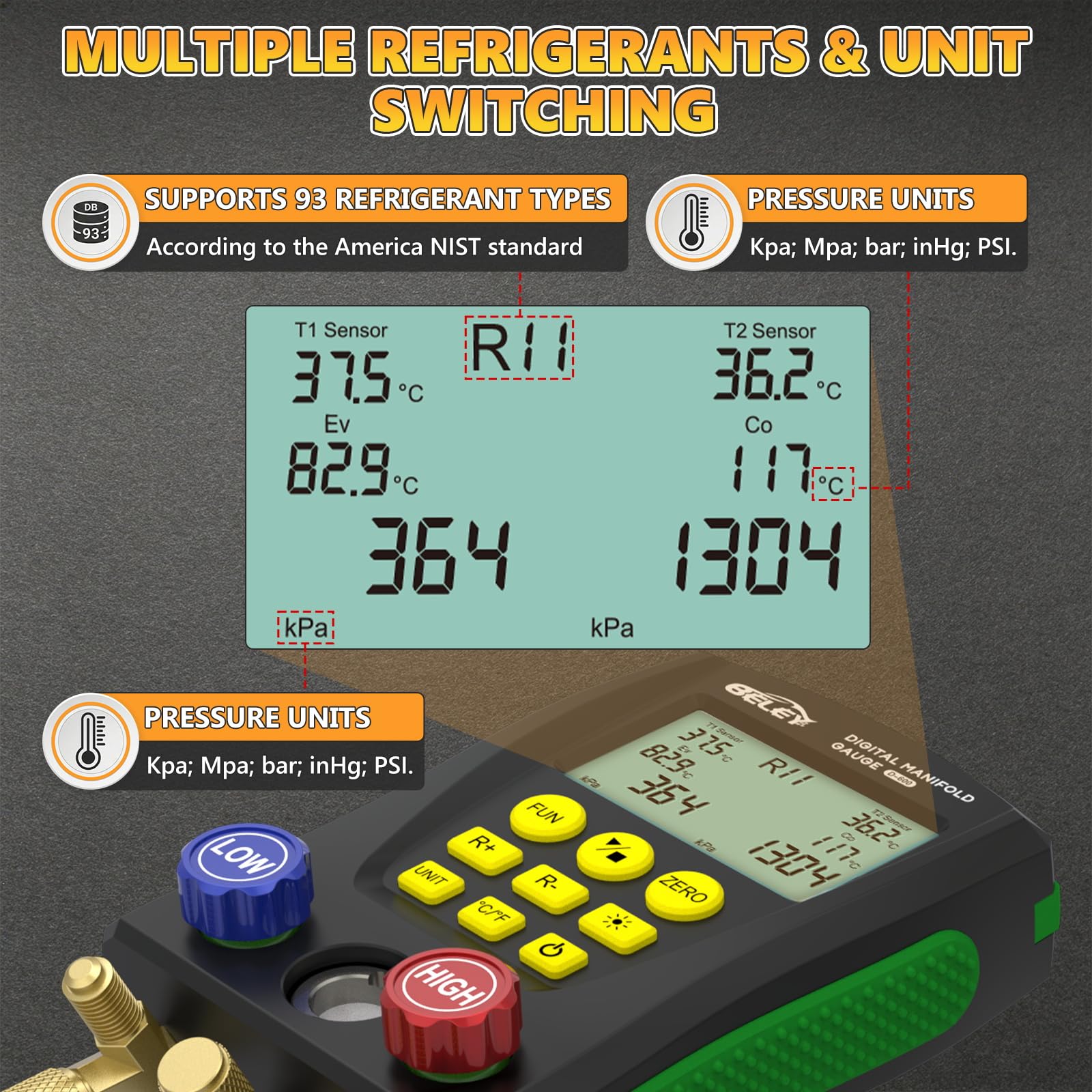 Refrigerazione Digital Collettore Gauge Meter- PARAOUTIL Tester Pressione e Temperatura del Vuoto HVAC per 89 Tipi Refrigeranti (R32 R410a) per la Manutenzione del Condizionatore D'aria, Frigorifero