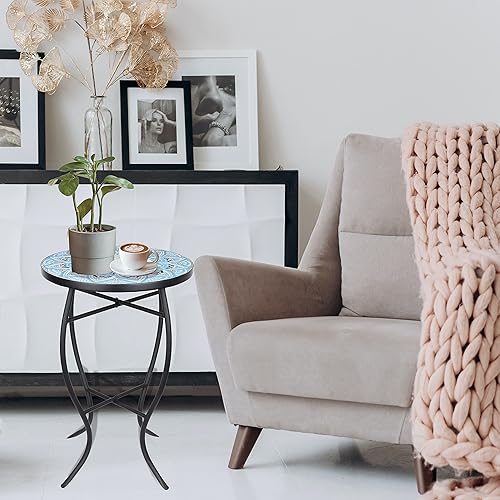 Miniatura 4 de Vipush Mosaic - Mesa auxiliar para exteriores, mesa auxiliar plegable redonda de 14 pulgadas, mesa decorativa de patio, soporte para plantas de