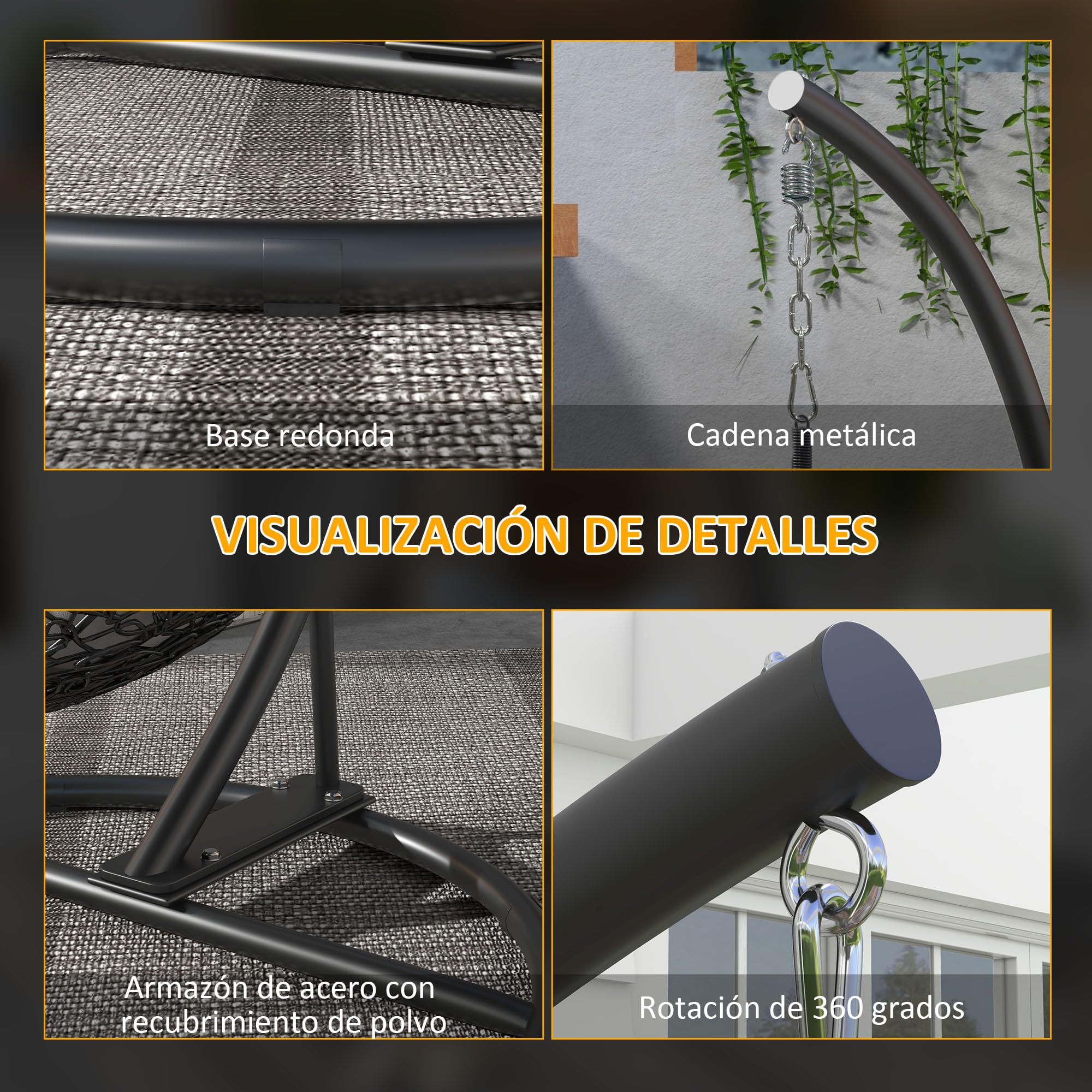 Outsunny Soporte para Silla Colgante de Huevos Marco de Silla de Colgante de Acero Soporte para Silla Columpio con Base Estable Carga 150 kg para Interior y Exterior Ø102x195 cm Negro