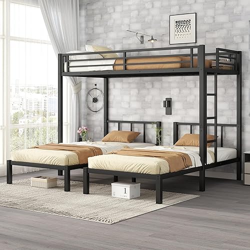 Bellemave Triple Bunk Bed for Kids, Detachable Metal Twin Over Twin Over Twin Bunk Bed with Guardrails, Built-in Ladder, Shelf, Converts to 3 Separate Twin Beds, Easy Assembly, Black