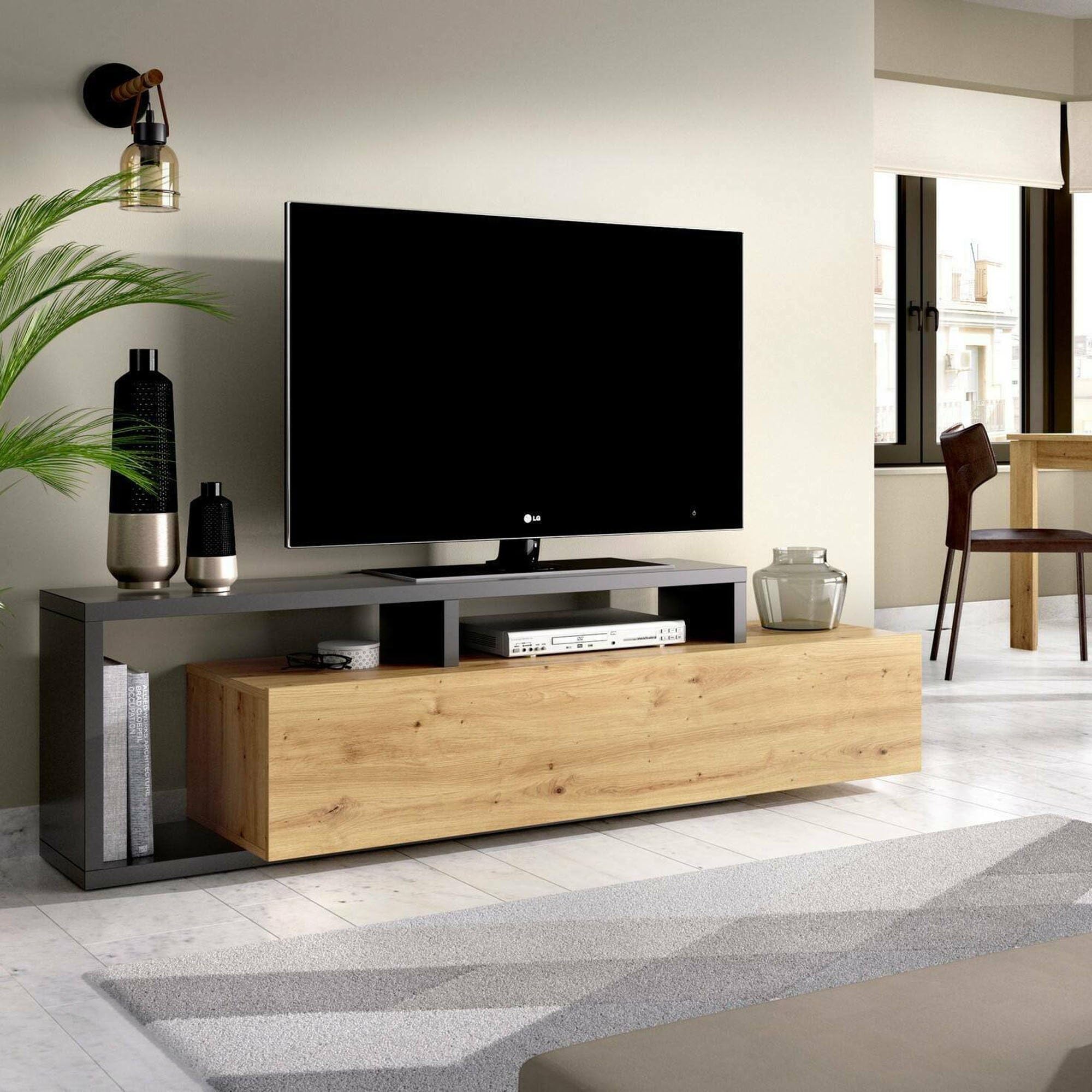 Dmora - Mobile porta TV Maiella, Credenza bassa da soggiorno, Madia da salotto per televisione, 165x40h47 cm, Rovere Nodi e Antracite