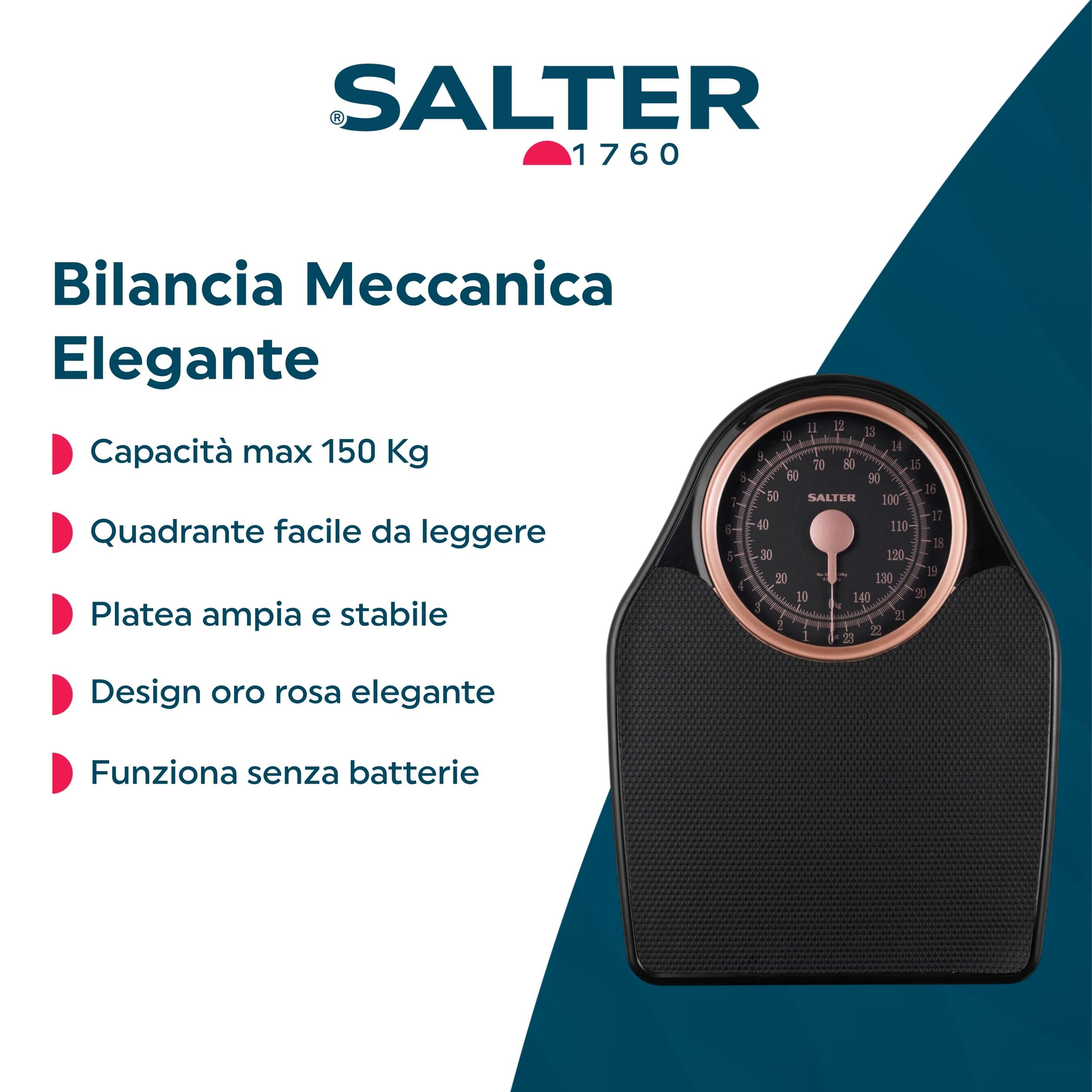 Salter 145 RGFEU16 Bilancia meccanica Doctor Style - capacità massima 150 Kg, quadrante di facile lettura con puntatore rotante, ampia piattaforma con tappetino in vinile, senza batteria, oro rosa