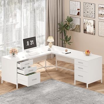 TVU 59 L Shaped Desk with 6 Wooden Drawers, Large Home Office Corner Computer Desk with Storage File Cabinet, Modern Metal Wood Desk for Executive Writing Study Workstation, White