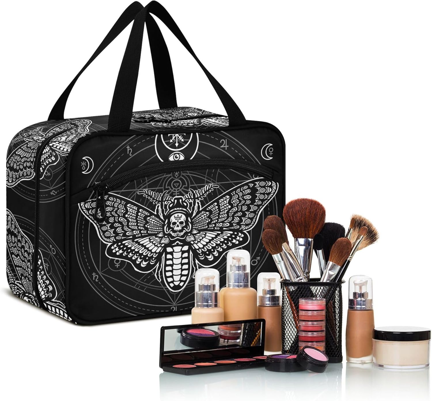 MNSRUU Hanging Toiletry Bags for Women Travel, Gothic Black Skull Moth Toiletry Organizer Portable Travel Toiletry Bags Clear Wash Bags Makeup Bag Cosmetic Bag