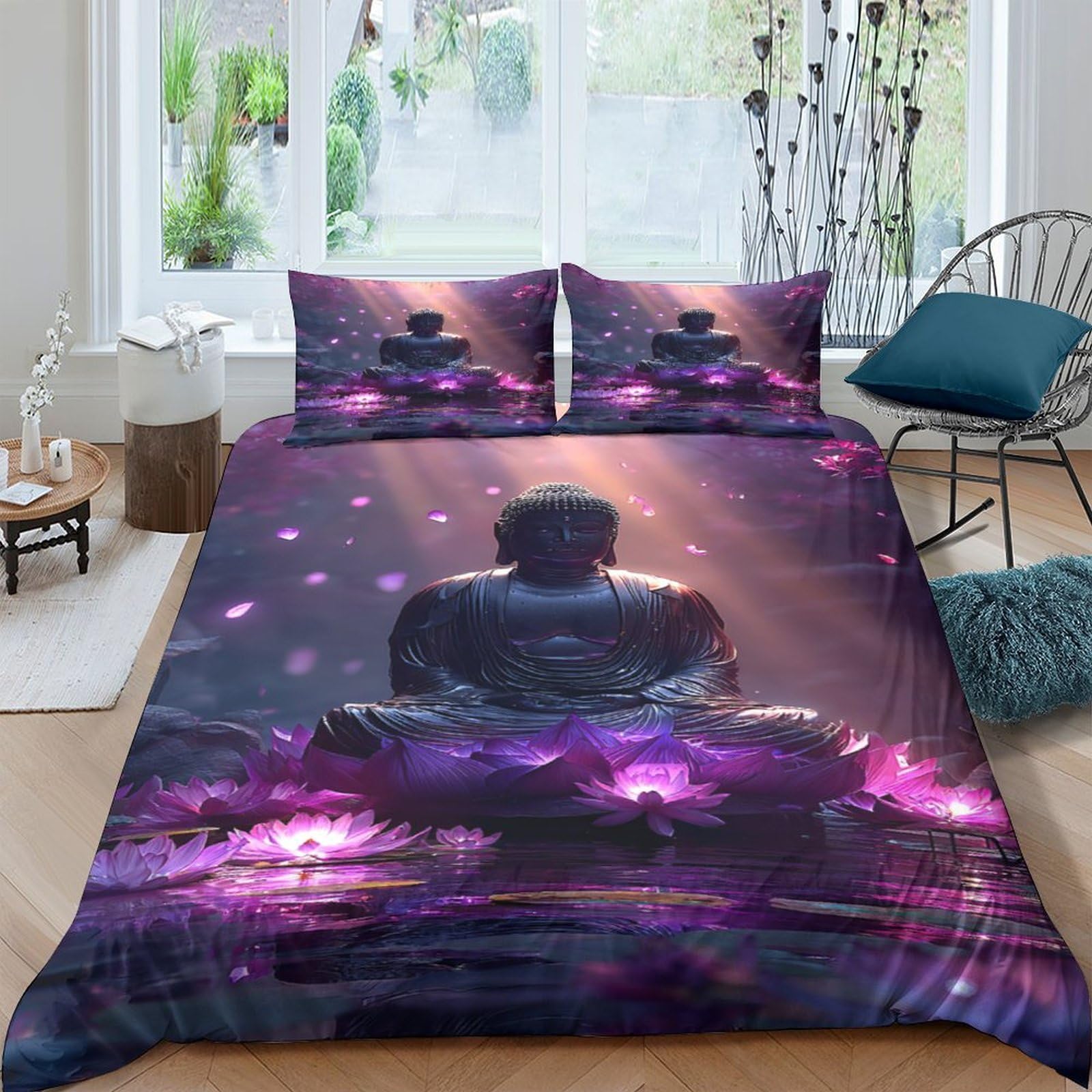 GPLZQXKJNH 3D Printed Buddha Meditation Duvet Cover Set Microfiber Purple Soft Breathable Lotus Quilt Cover with 2 Pillowcases for Bedroom Decor Single（135x200cm）
