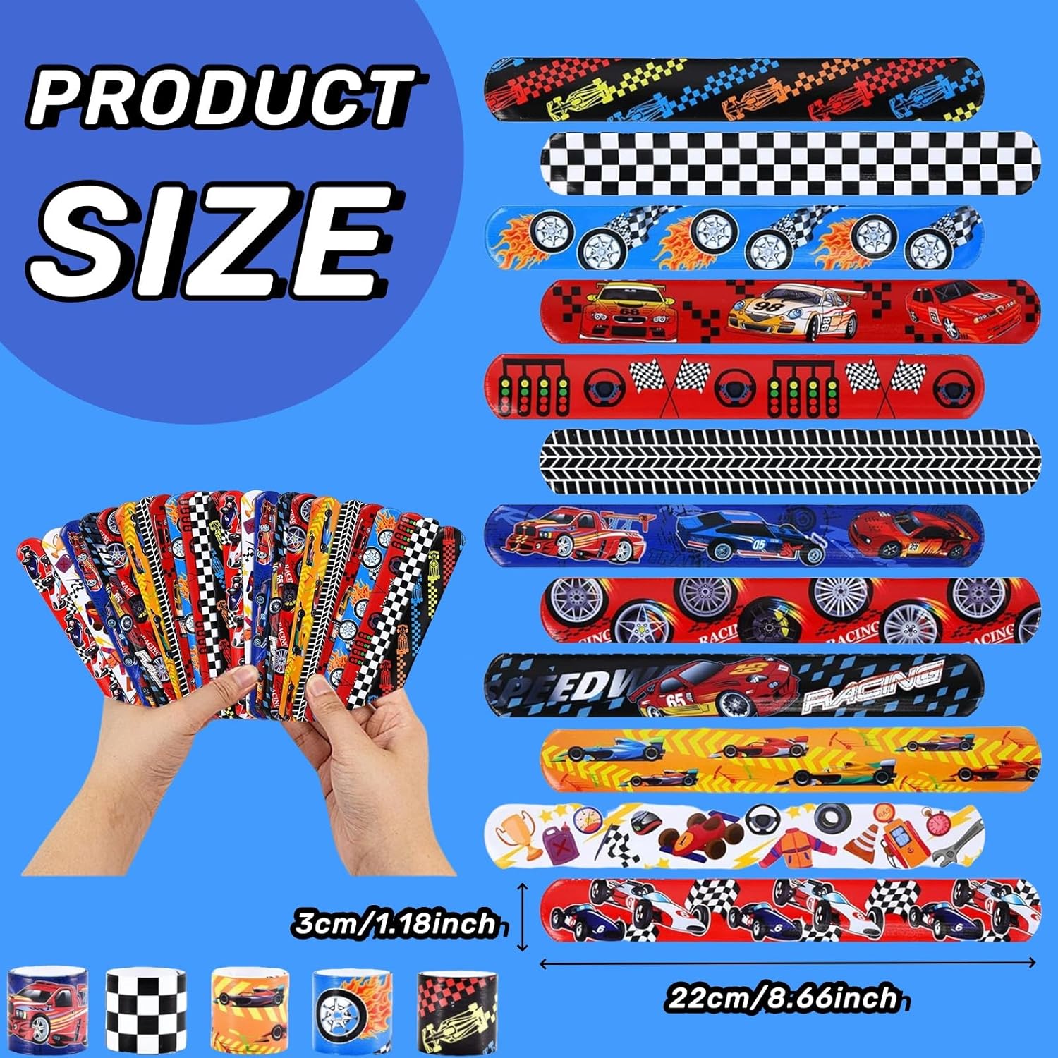 YANMIN 60pcs Hot Race Car Party Favors Kids Bulk Slap Bracelets with Race Cars Theme Goodie Bags Stuffers for Birthday Christmas Halloween Party, Treasure Box Toys for Classroom Prizes