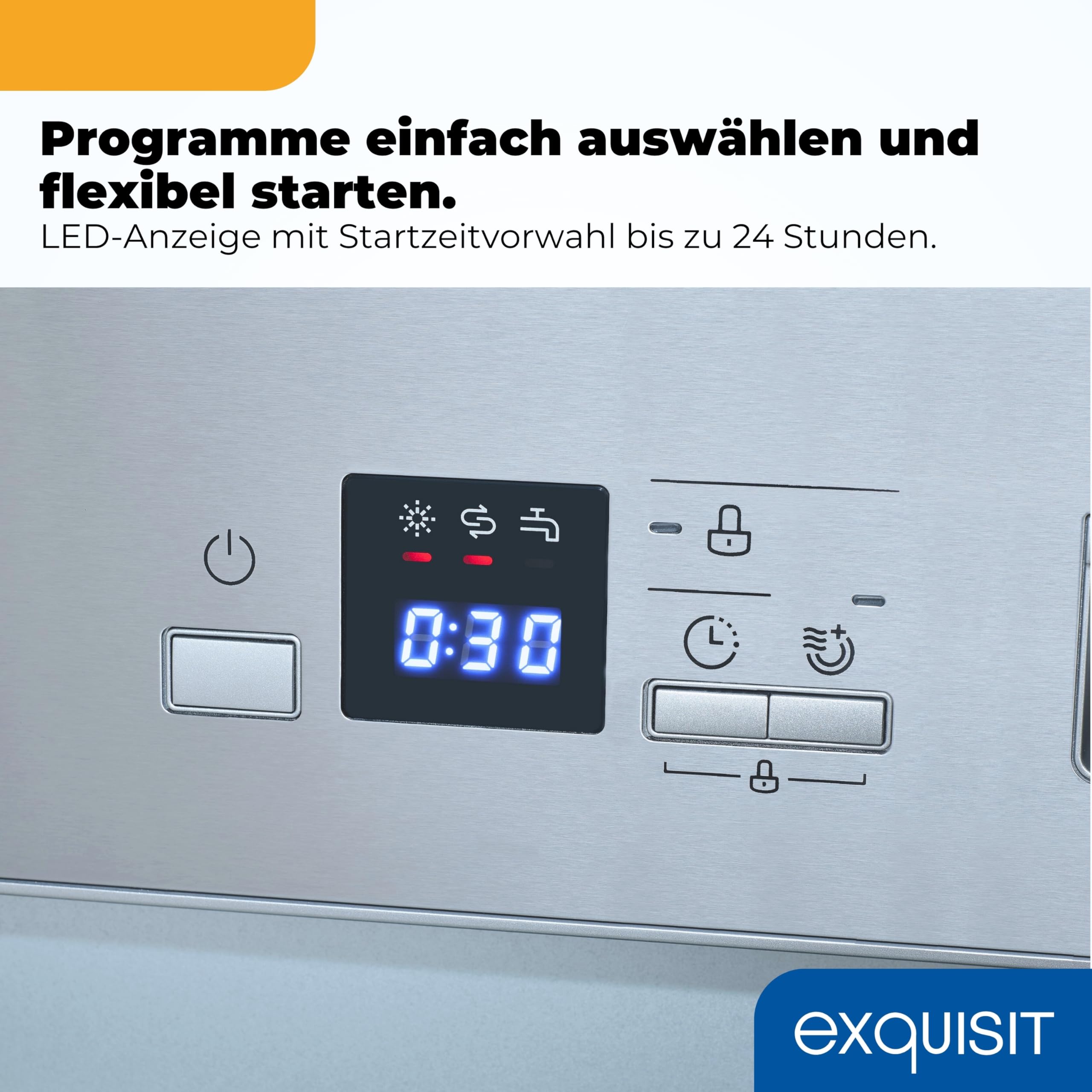 Exquisit EGSP56312 Einbau-Geschirrspüler - Teilintegriert 60 cm, 12 Gedecke | Spülmaschine mit 7 Programmen, Aquastop und Startzeitverzögerung. Inox-Blende, Halbe Beladung sowie LED-Display.