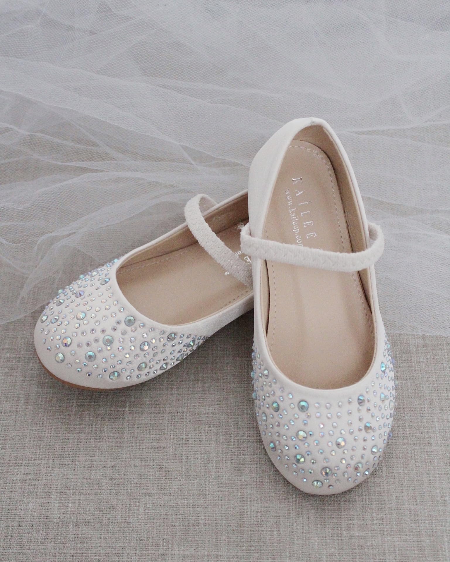 KAILEE P Girls Satin Mary Jane Flats with Rhinestones Embellishment, Flower Girls Shoes (Soft Blush, US Footwear Size System, Infant, Numeric, Medium, 6)