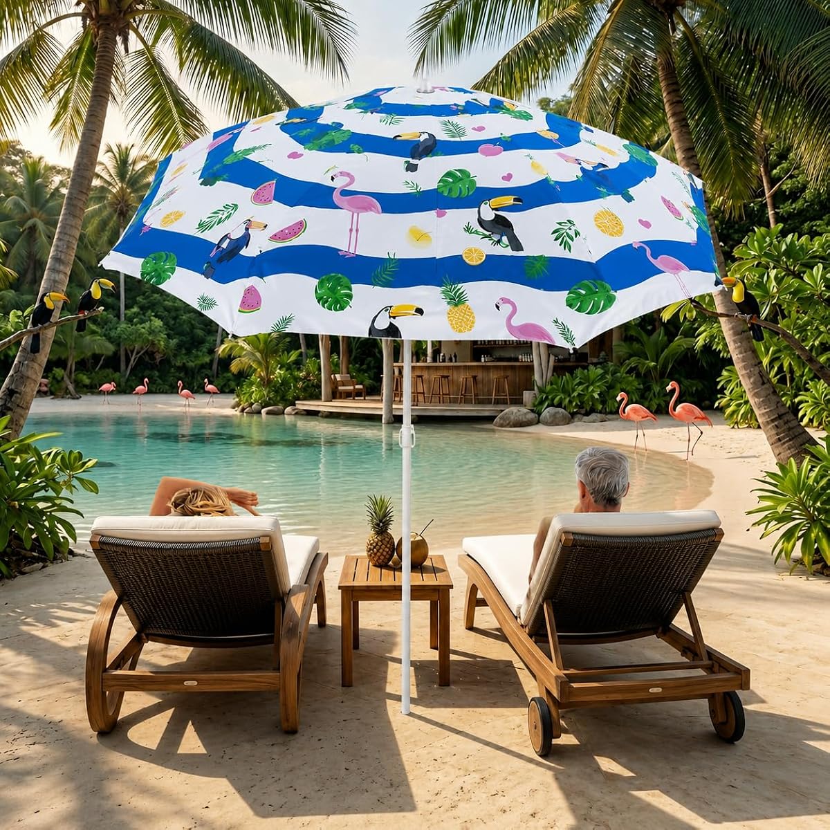 PMU 6ft Beach Umbrella Lightweight & travel friendly, Patio Umbrella | 72in Polyester canopy, carrying sleeve, Tropical beach Umbrella for outdoor use - Blue & White Stripes with Flamingo Print
