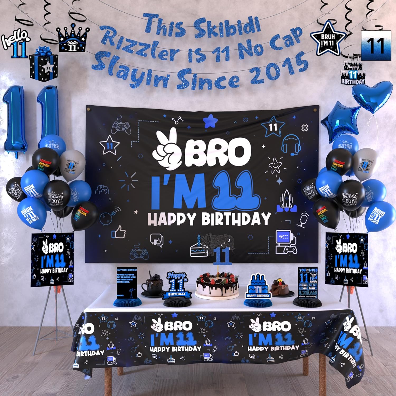 Black Blue 11th Birthday Decorations For Boys Includes Banner, Backdrop, Tablecloth, Latex Balloons, Foil Balloons, Cake Topper, Honeycomb Centerpieces & Hanging Swirls