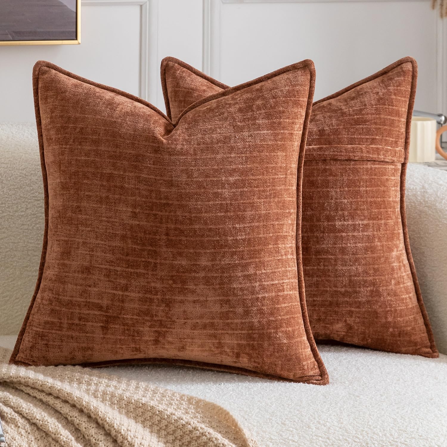 Madizz Pack of 2 Decorative Striped Cushion Covers Vintage Boho Soft Chenille Throw Pillows Luxurious Pillow Cases for Couch Sofa Bedroom Living Room 45x45 CM, Chestnut โ image 1