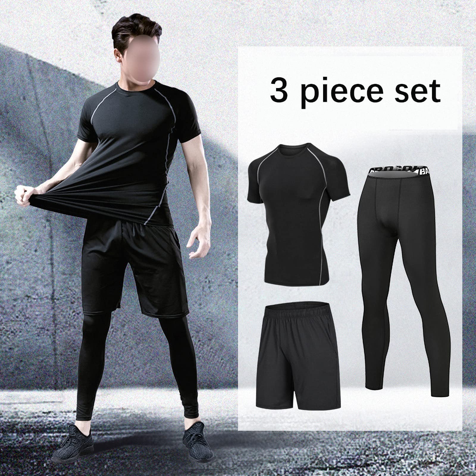 3-częściowy męski kompresyjny strój fitness, warstwa bazowa obcisłe legginsy, sportowe ubrania treningowe