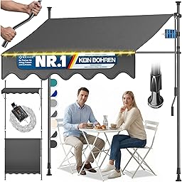 KESSER® Klemmmarkise mit Handkurbel & LED Lichterkette | Balkonmarkise ohne Bohren | Markise UV-beständig höhenverstellbar & wasserabweisend | Sonnenschutz für Balkon Terrasse & Garten 250cm
