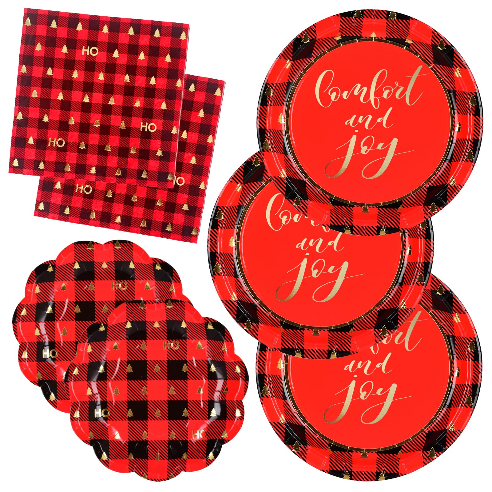 Gatherfun Christmas Party Tableware Red and Black Golden Disposable Paper Plates Napkins Cups Tablecloth for Merry Christmas Party Decorations Serve 25