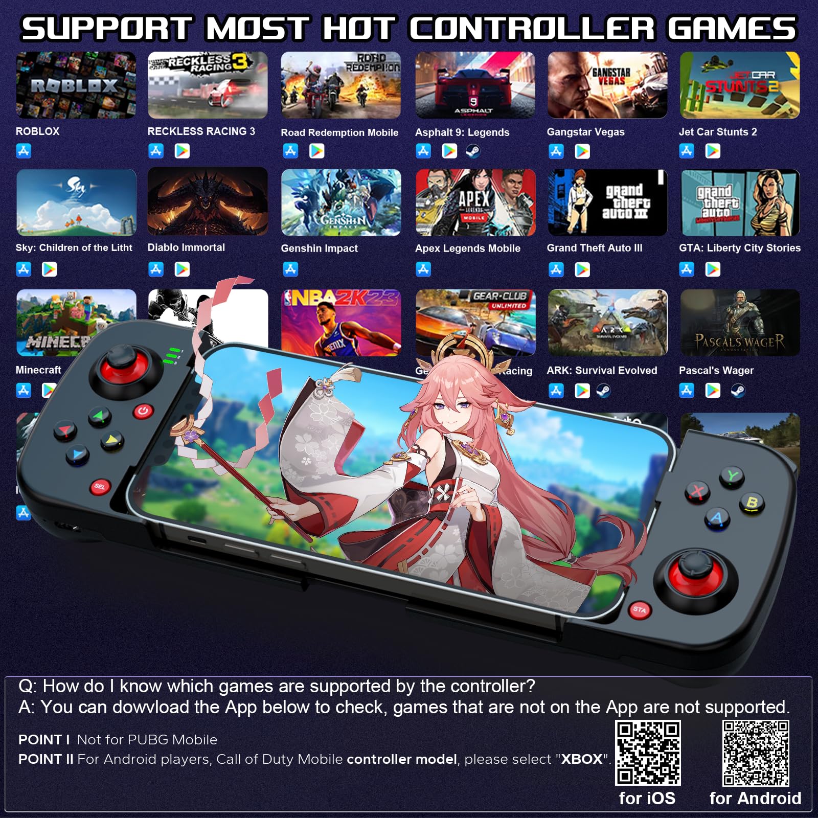 Megadream Controlador de juegos móvil Gamepad para iPhone iOS Android PC: funciona con iPhone 15/14/13/12/11/X, iPad, Samsung Galaxy, TCL, Tablet, Call of Duty, Diablo Immortal - Directly Play (negro)