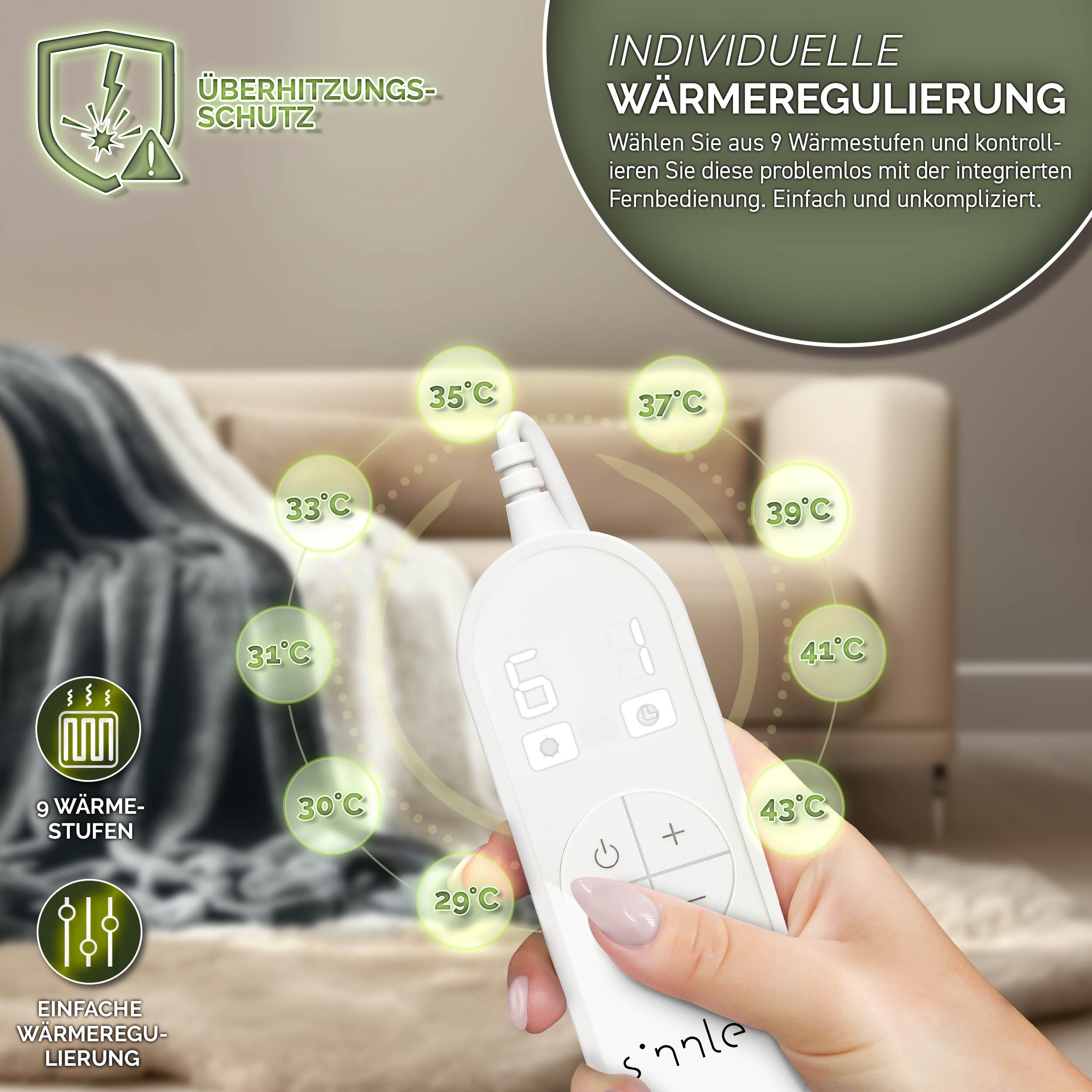 sinnlein® Heizdecke mit Abschaltautomatik 200 x 180 cm | Elektrische Wärmedecke mit 9 Temperaturstufen | Kuscheldecke Bett, Sofa | Decke elektrisch mit Timer Digitalanzeige