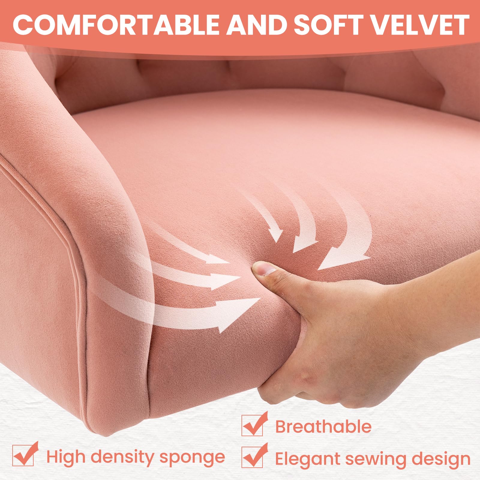 Homeoffice Bürostuhl aus Samt, ergonomischer Schreibtischstuhl höhenverstellbar, Drehstuhl mit Rollen & goldenen Beinen, moderner Schminktischstuhl für Arbeitszimmer (Rosa)