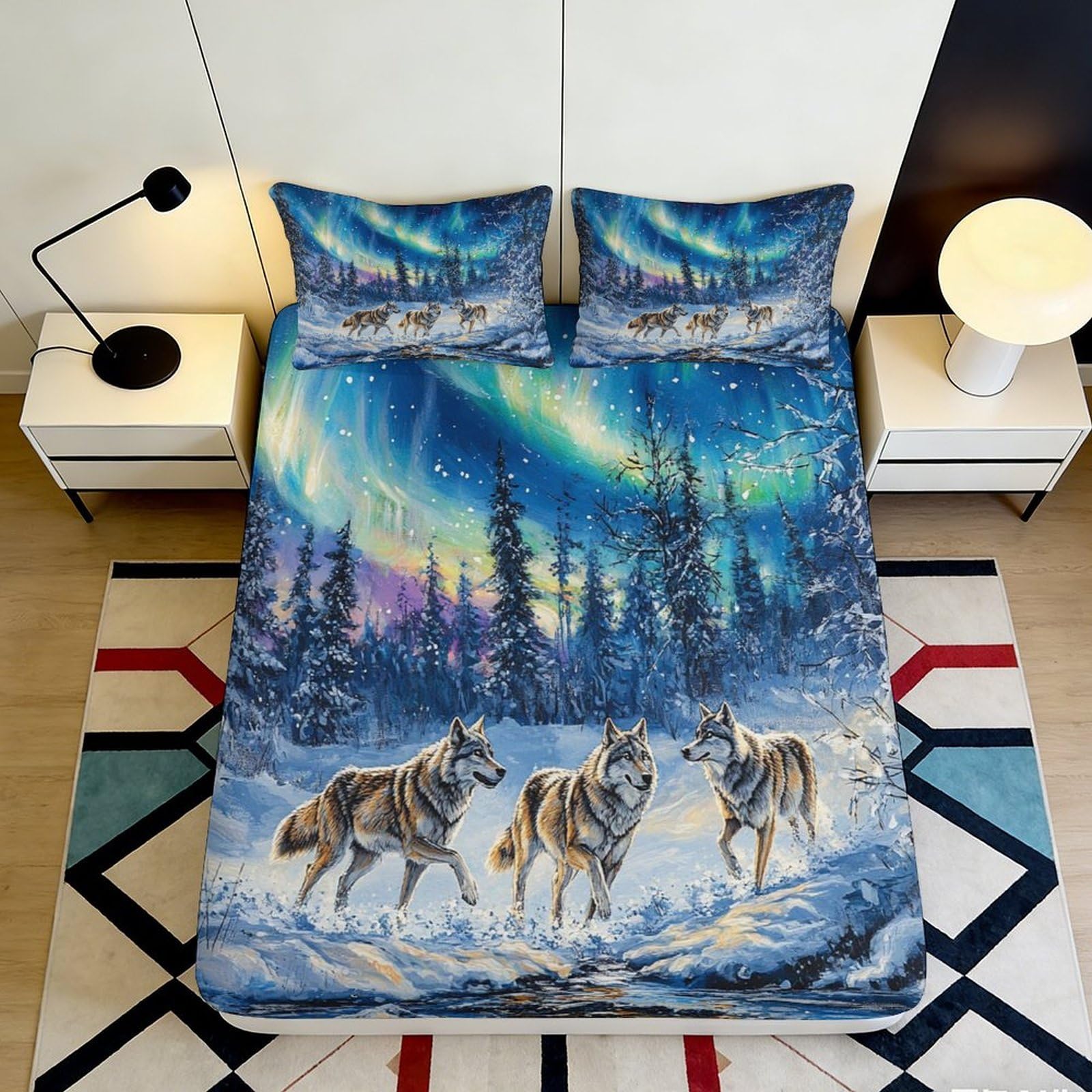 3D Printed Aurora Wolf Fitted Sheet Microfiber Deep Pocket Bedroom Bedding Aurora Wolf Mattress Fitted Cover Washable Mattress Protection 200x200x25cm