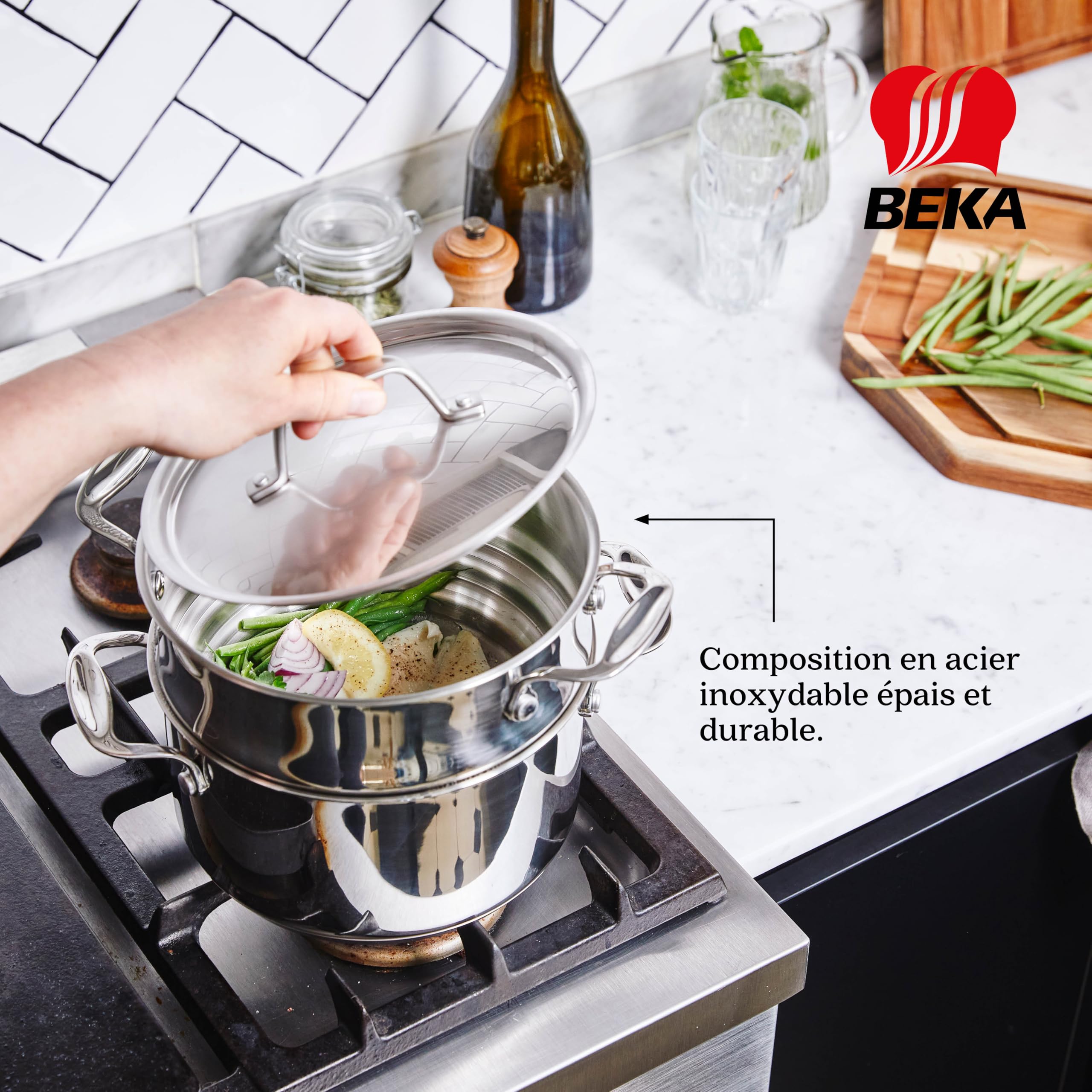 Beka Chef Panier Vapeur Inox 18/10 - Compatible Casseroles 16, 18 & 20 cm - Cuisson Saine Sans Matière Grasse
