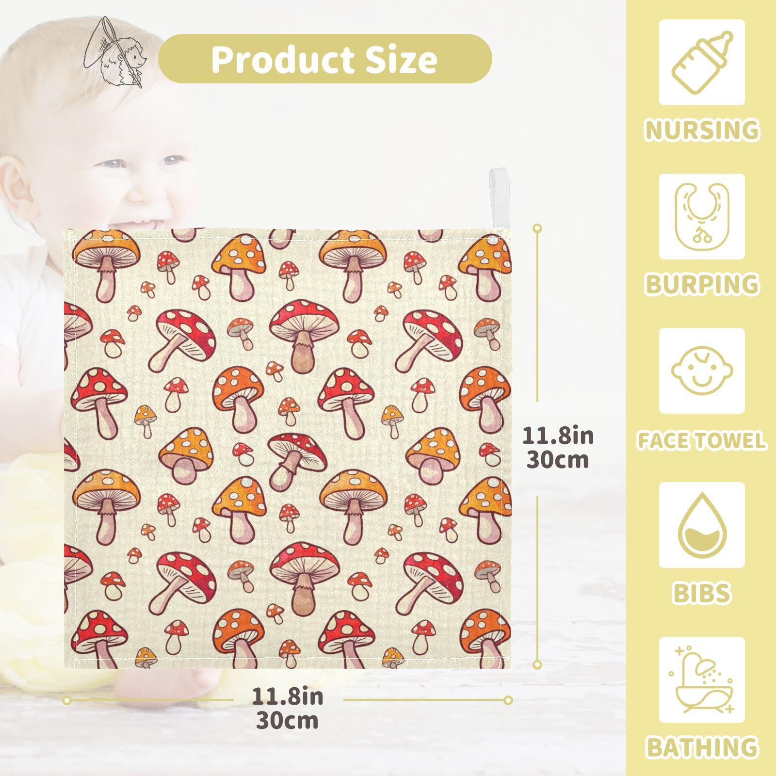 Kigai Cute Cartoon Mushroom Baby Washcloths,5pcs Ultra Soft Absorbent Towel,Newborn Bath Face Towel, Natural Reusable Baby Wipes for Sensitive Skin, Baby Registry as Shower