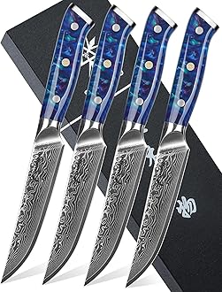 Steak Knives Set of 4, Ultra Sharp Non Serrated Kitchen Steak Knife 5 Inch - Damascus Steel & Resin Handle - Xuan Series (Sapphire Blue)