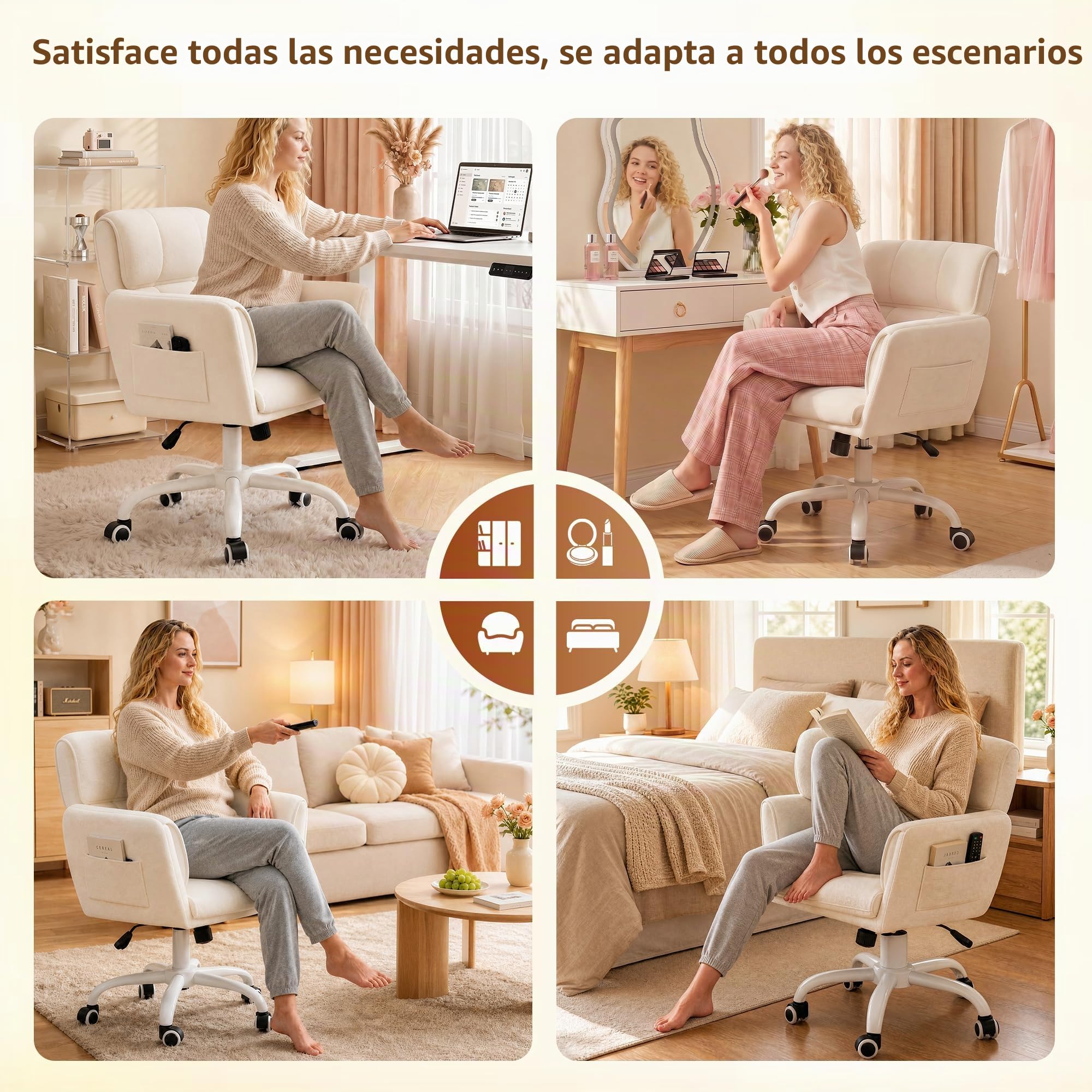 Silla de Escritorio con Ruedas, Silla de tocador Terciopelo, Altura Regulable e inclinable, Adecuada para Oficina, habitación y Estudio, Familiar, soporta hasta 150kg, Blanc