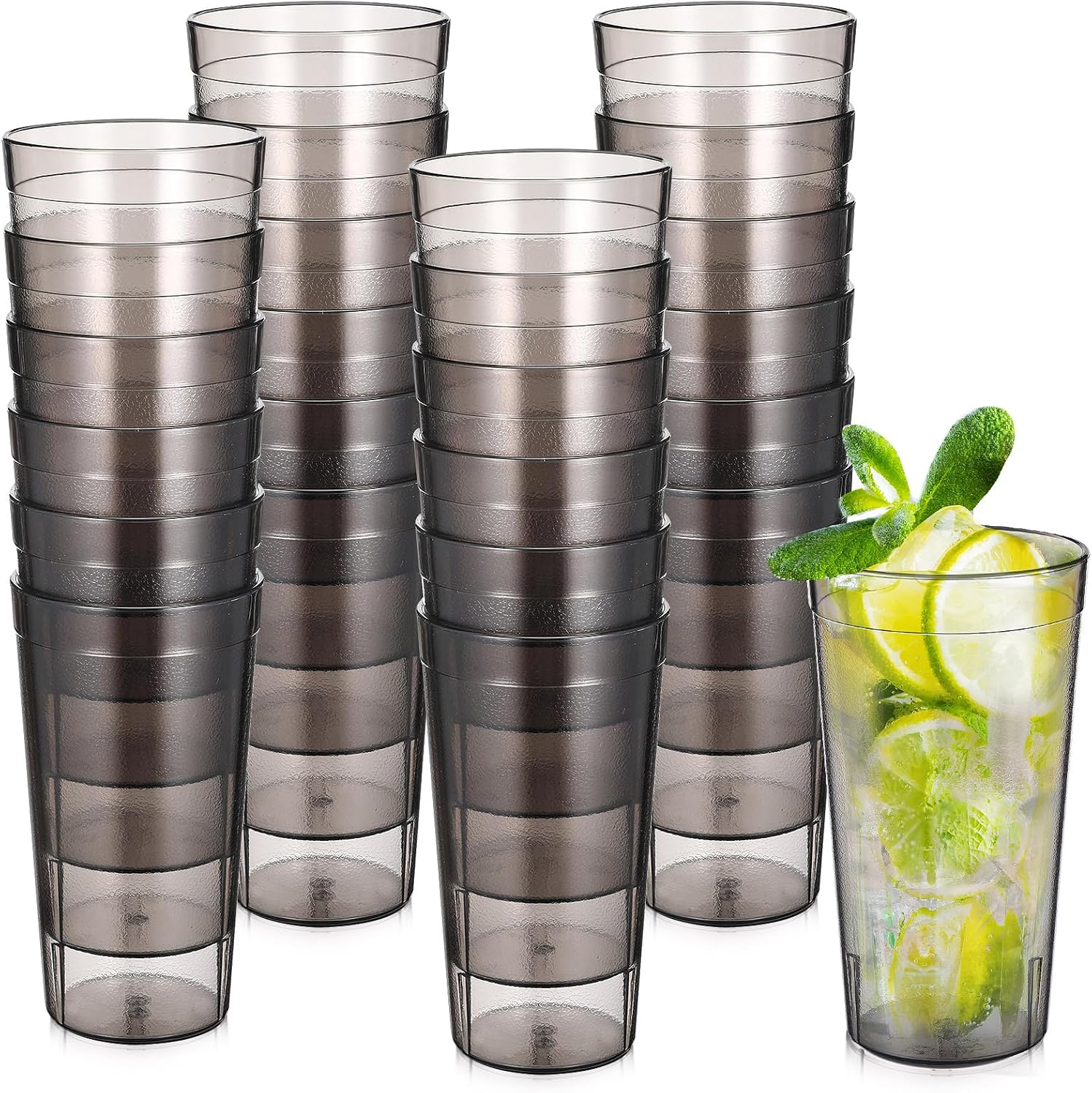 Sieral 24 Pack Reusable Plastic Tumblers Cups Stackable Beverage Cups Restaurant Drinking Glasses Anti Slip Break Resistant Water Glass for Kitchen Camping Cafe Bar Party(20 oz,Grey)