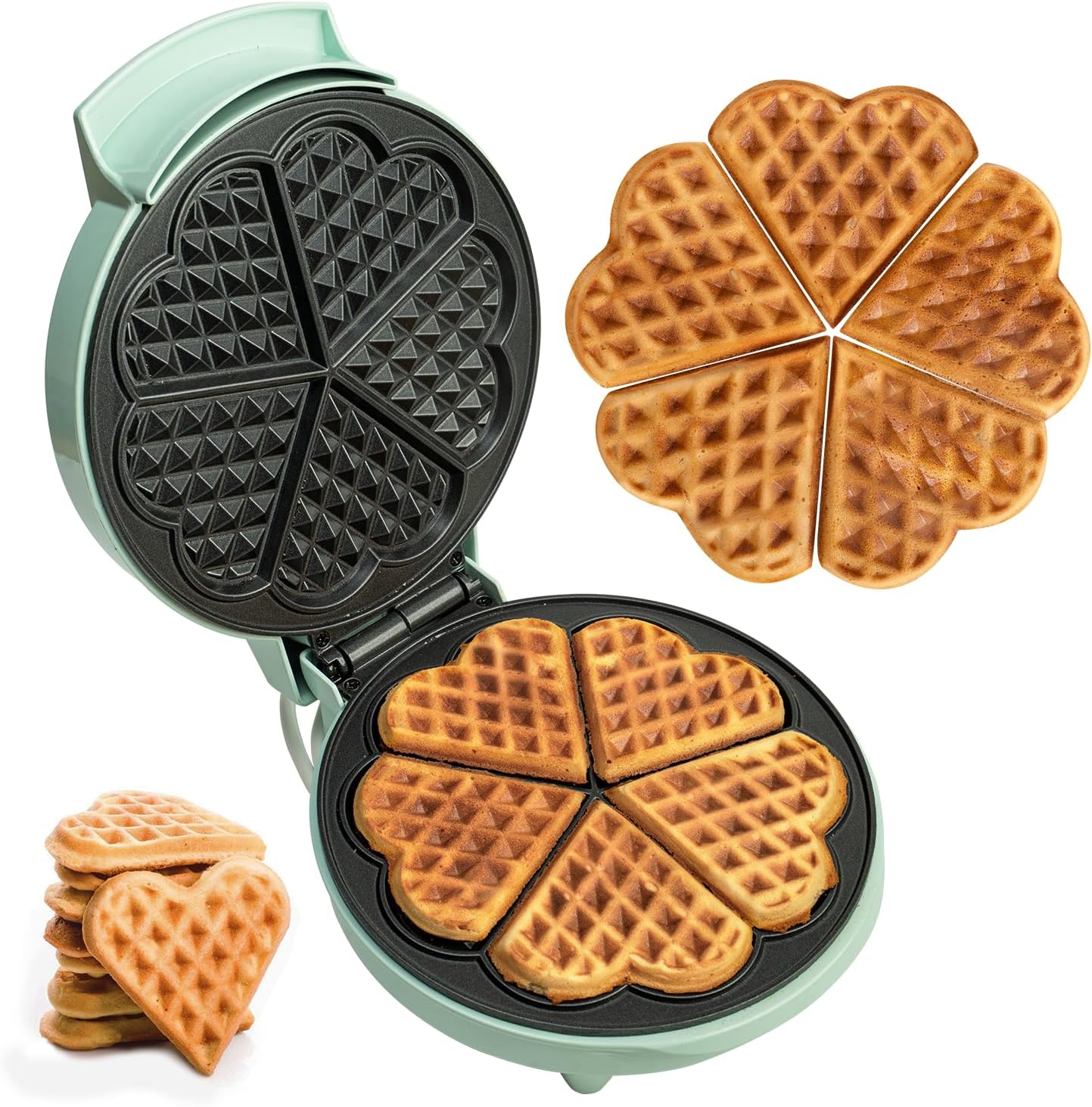 Multi Mini-HEART Waffle Maker Machine- 700 Watts | 5 Heart Waffles at once |Stainless Steel Non-Stick Cooking Plates & Cool Touch Handle | Electric Iron with Indicator Light- Mint Green