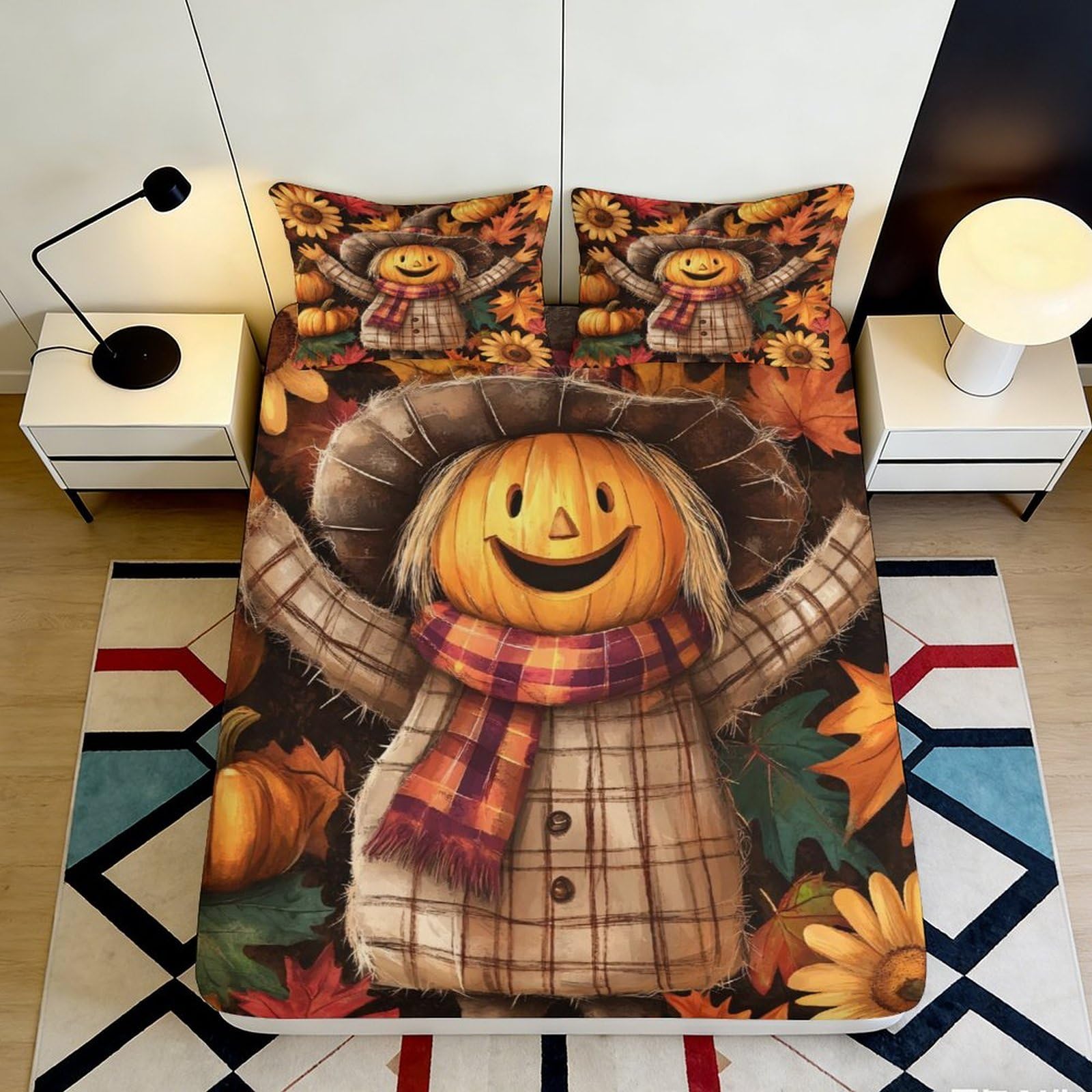 3D Printed Pumpkin Scarecrow Fitted Sheet Microfiber Autumn Leaves Bed Cover for Bedroom Dorm Anti-Slip Washable Decor 90x200x25cm